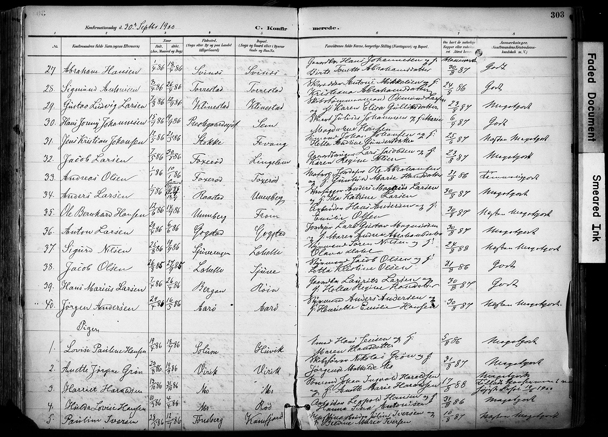 Sandar kirkebøker, AV/SAKO-A-243/F/Fa/L0014: Ministerialbok nr. 14, 1896-1909, s. 303