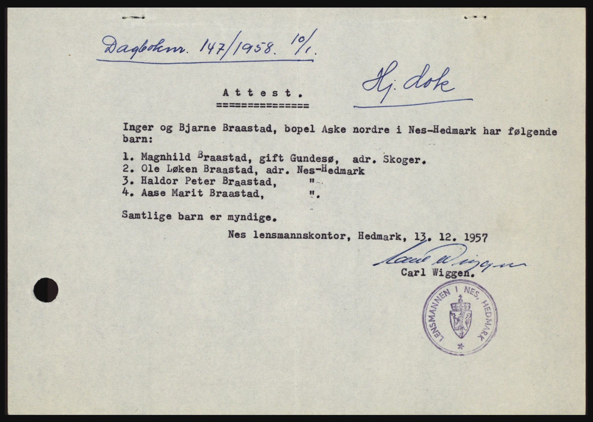 Nord-Hedmark sorenskriveri, SAH/TING-012/H/Hc/L0012: Pantebok nr. 12, 1957-1958, Dagboknr: 147/1958