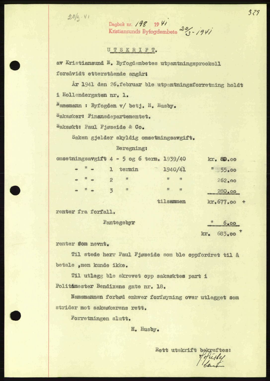 Kristiansund byfogd, SAT/A-4587/A/27: Pantebok nr. 33, 1939-1941, Dagboknr: 198/1941