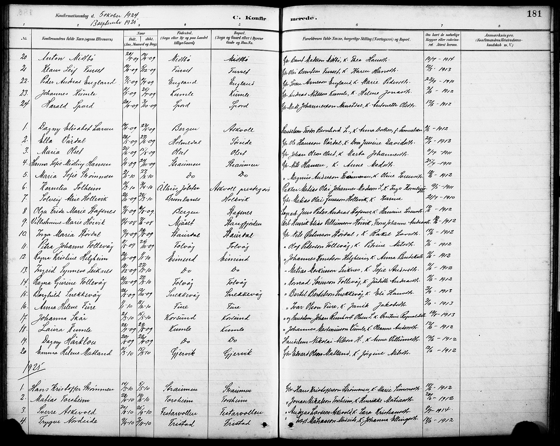 Askvoll sokneprestembete, AV/SAB-A-79501/H/Hab/Haba/L0003: Klokkerbok nr. A 3, 1886-1928, s. 181