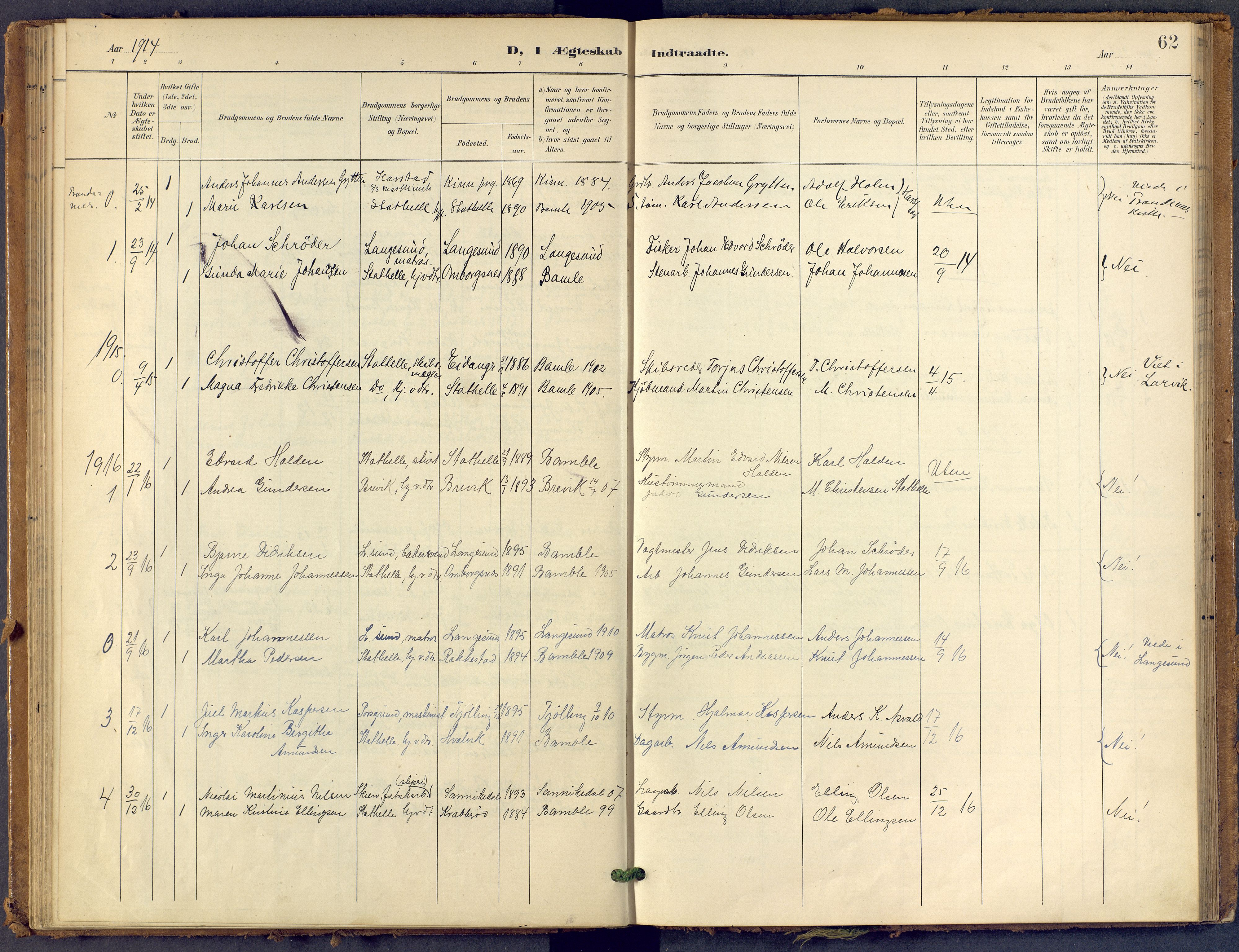 Bamble kirkebøker, AV/SAKO-A-253/F/Fb/L0002: Ministerialbok nr. II 2, 1900-1921, s. 62