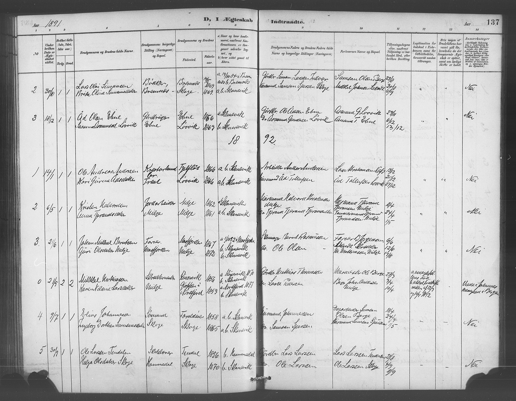 Skånevik sokneprestembete, AV/SAB-A-77801/H/Hab: Klokkerbok nr. A 2, 1888-1924, s. 137