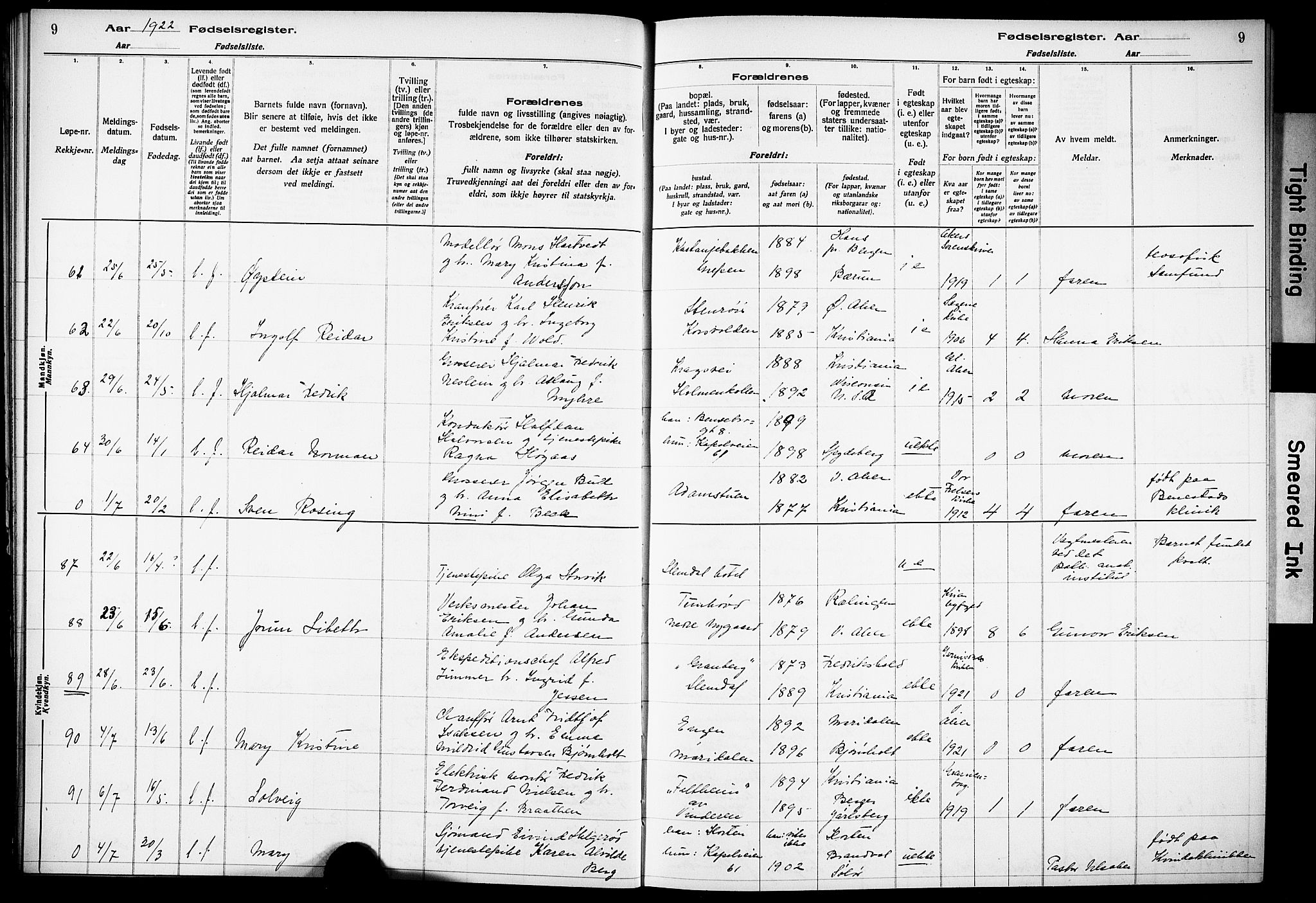 Vestre Aker prestekontor Kirkebøker, AV/SAO-A-10025/J/Ja/L0002: Fødselsregister nr. 2, 1922-1926, s. 9