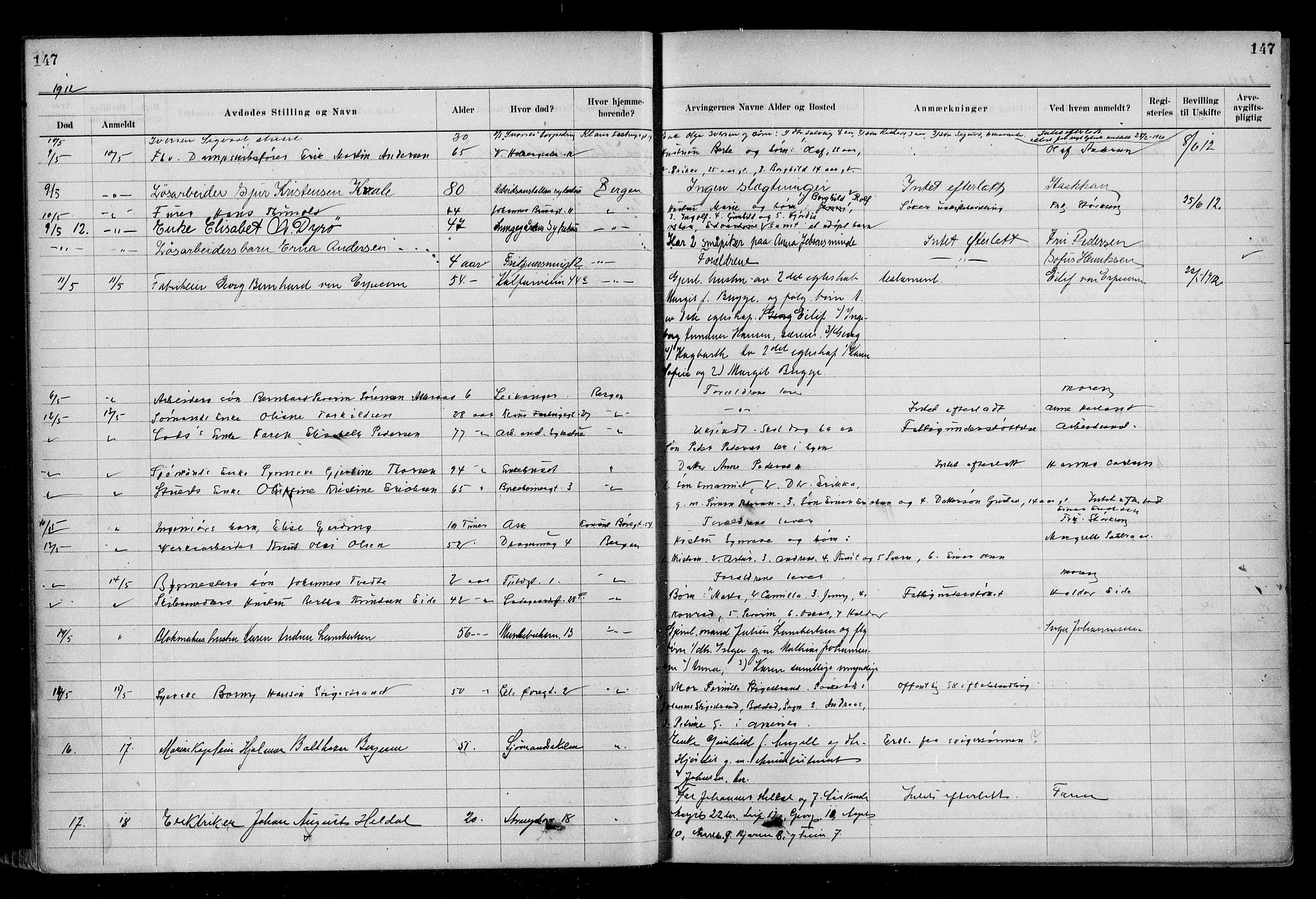 Byfogd og Byskriver i Bergen, AV/SAB-A-3401/06/06Na/L0009: Dødsfallsjournaler, 1910-1915, s. 147