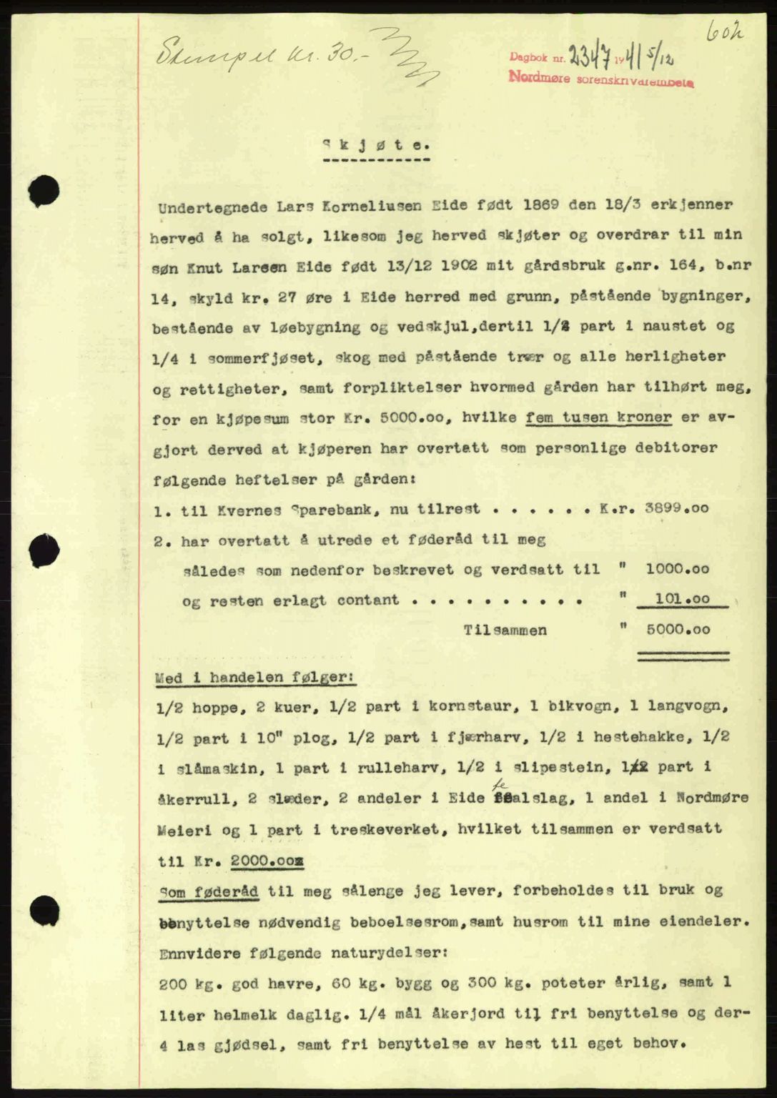 Nordmøre sorenskriveri, AV/SAT-A-4132/1/2/2Ca: Pantebok nr. A91, 1941-1942, Dagboknr: 2347/1941