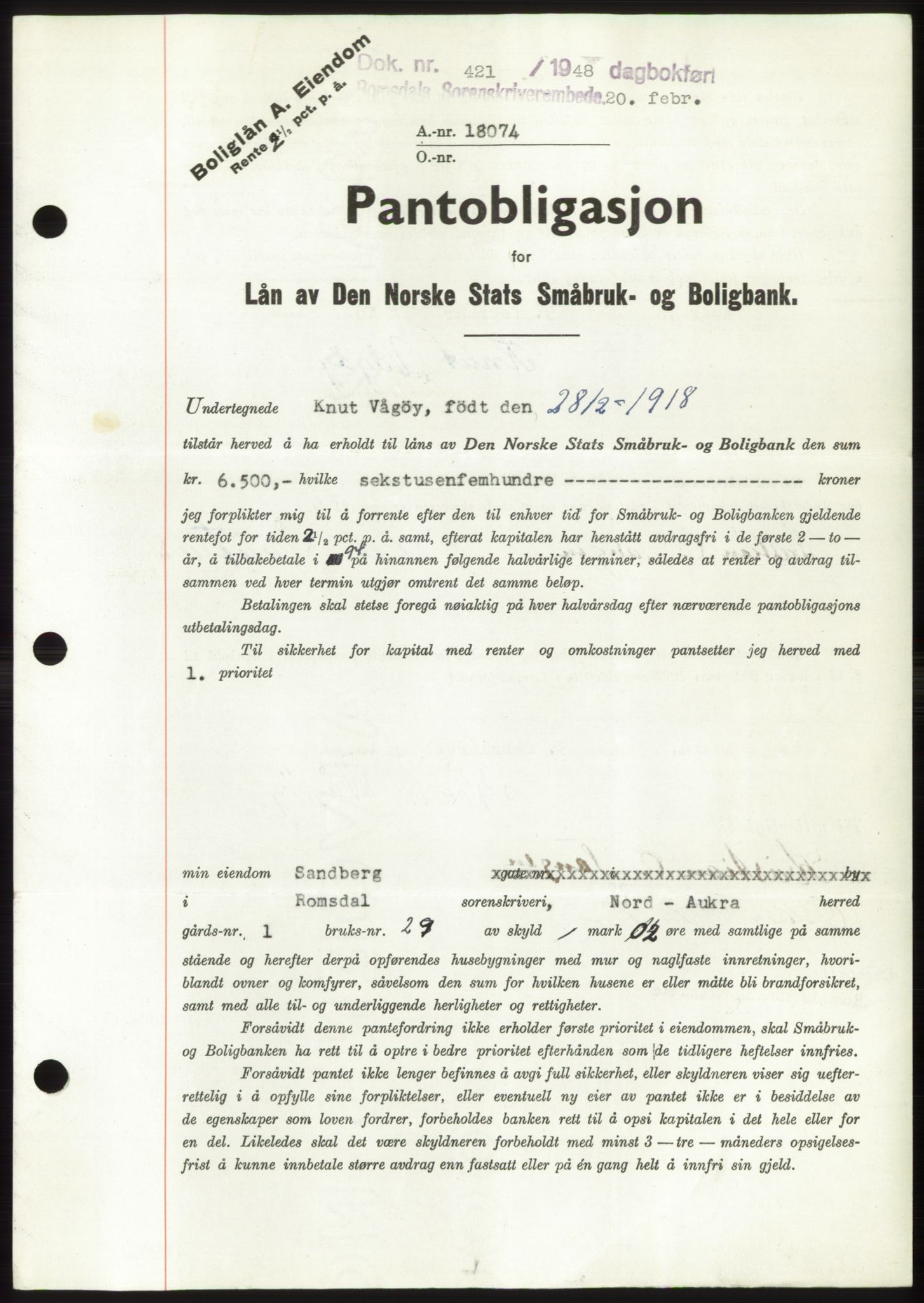 Romsdal sorenskriveri, SAT/A-4149/1/2/2C: Pantebok nr. B3, 1946-1948, Dagboknr: 421/1948