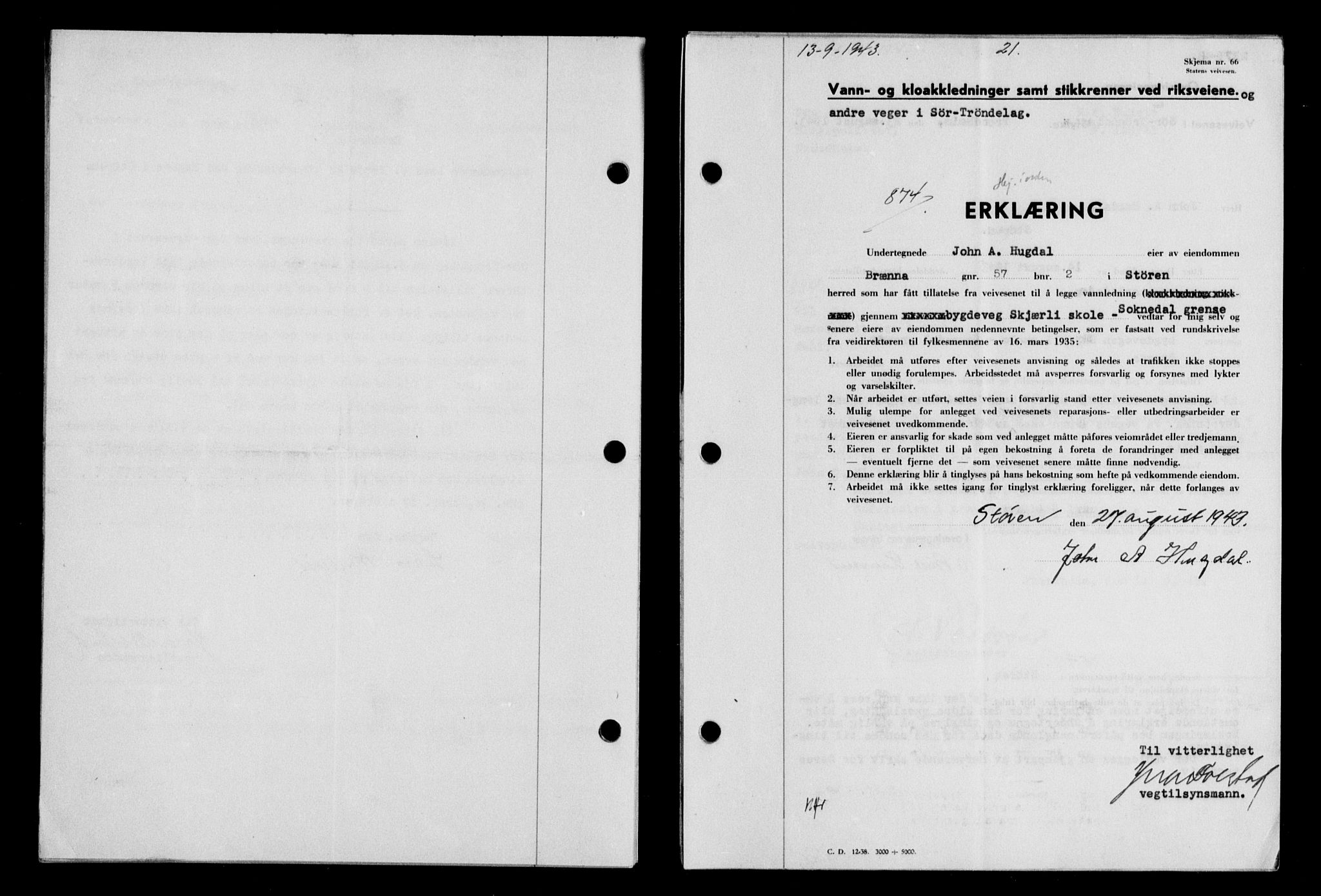 Gauldal sorenskriveri, SAT/A-0014/1/2/2C/L0057: Pantebok nr. 62, 1943-1944, Dagboknr: 874/1943