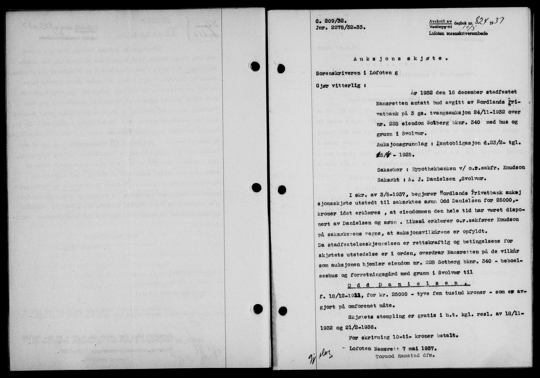 Lofoten sorenskriveri, SAT/A-0017/1/2/2C/L0002a: Pantebok nr. 2a, 1937-1937, Dagboknr: 824/1937
