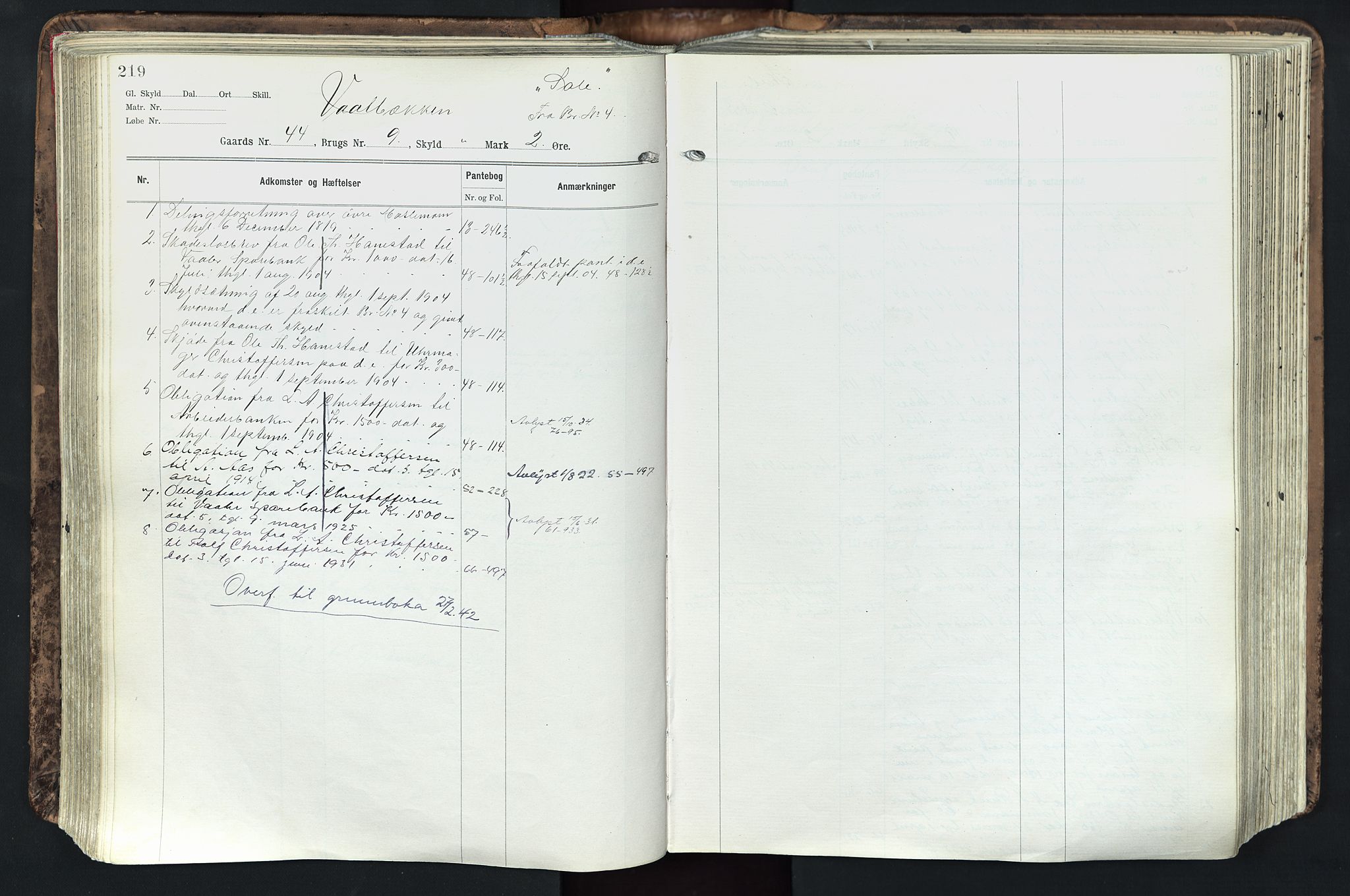 Solør tingrett, AV/SAH-TING-008/H/Ha/Hak/L0003: Panteregister nr. III, 1900-1935, s. 219