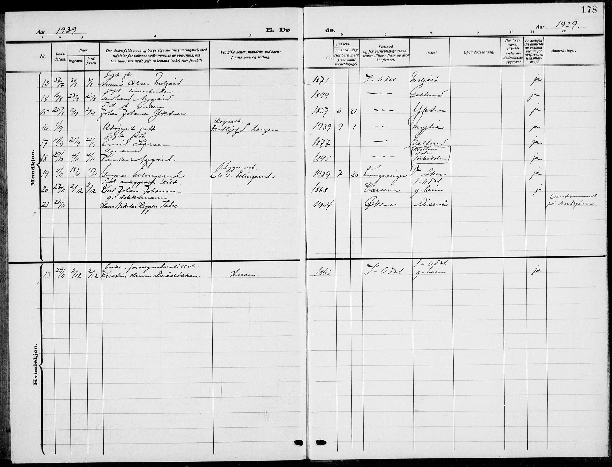 Sør-Odal prestekontor, AV/SAH-PREST-030/H/Ha/Hab/L0011: Klokkerbok nr. 11, 1922-1939, s. 178