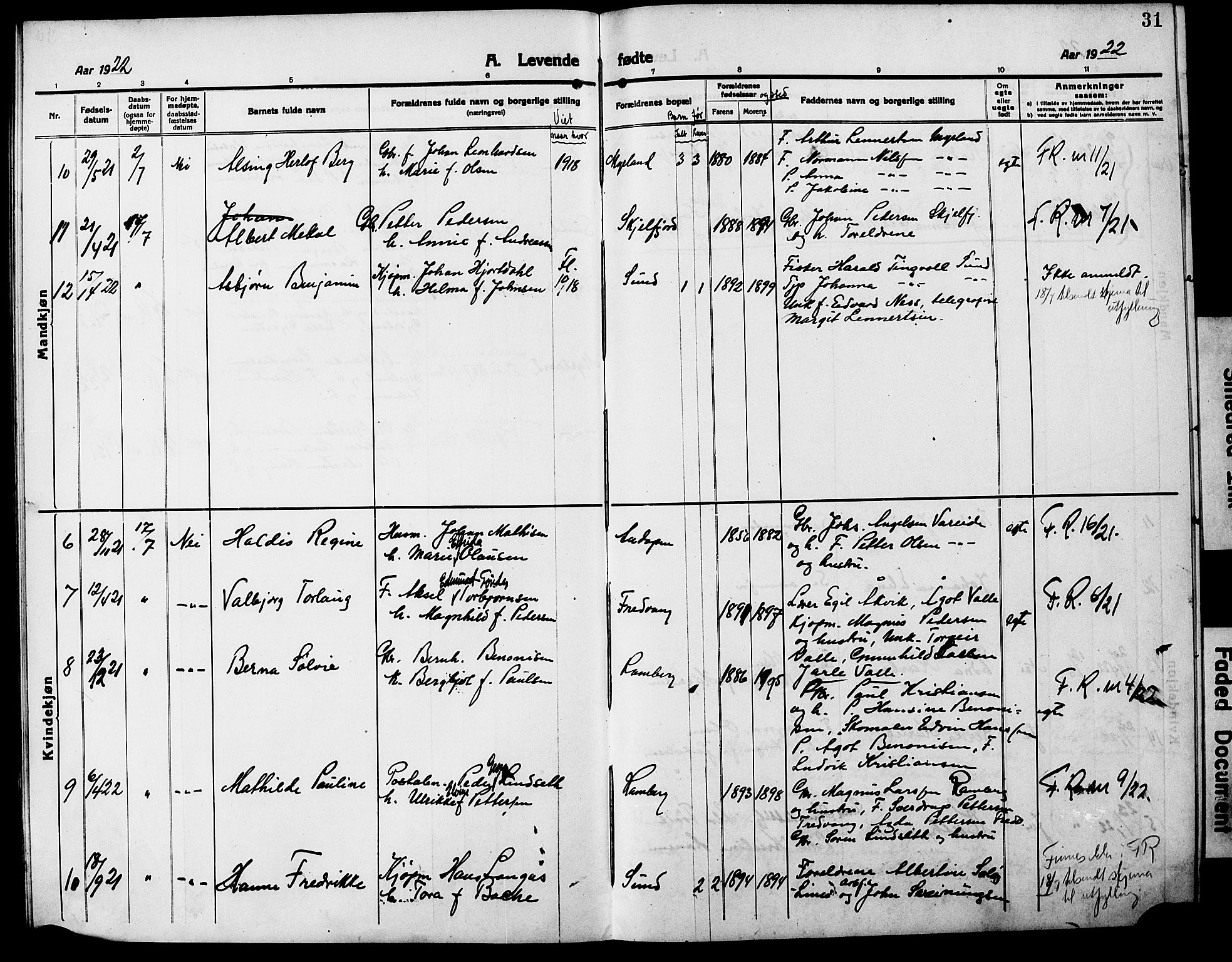 Ministerialprotokoller, klokkerbøker og fødselsregistre - Nordland, SAT/A-1459/885/L1215: Klokkerbok nr. 885C04, 1916-1929, s. 31