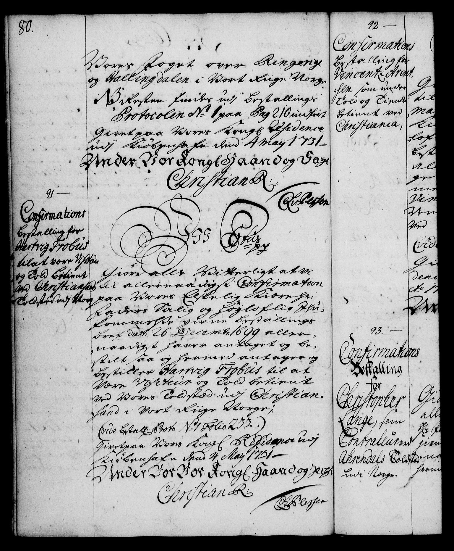 Rentekammeret, Kammerkanselliet, AV/RA-EA-3111/G/Gg/Ggg/L0001: Norsk konfirmasjonsbestallingsprotokoll med register (merket RK 53.31), 1731-1737, s. 80