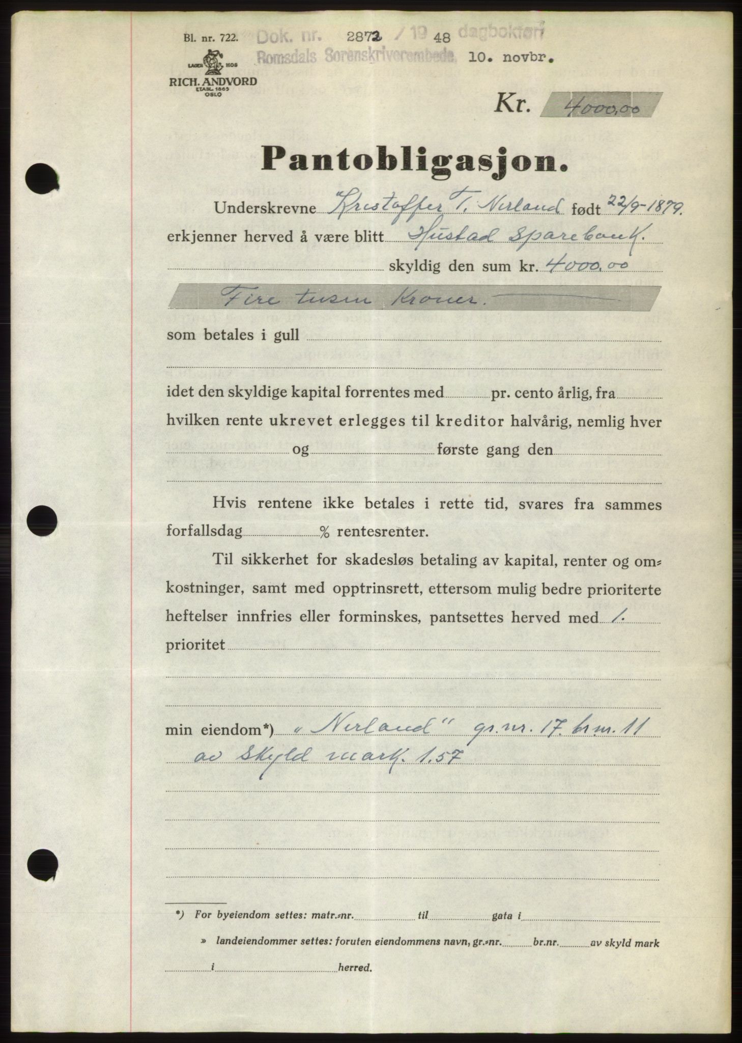 Romsdal sorenskriveri, SAT/A-4149/1/2/2C: Pantebok nr. B4, 1948-1949, Dagboknr: 2872/1948
