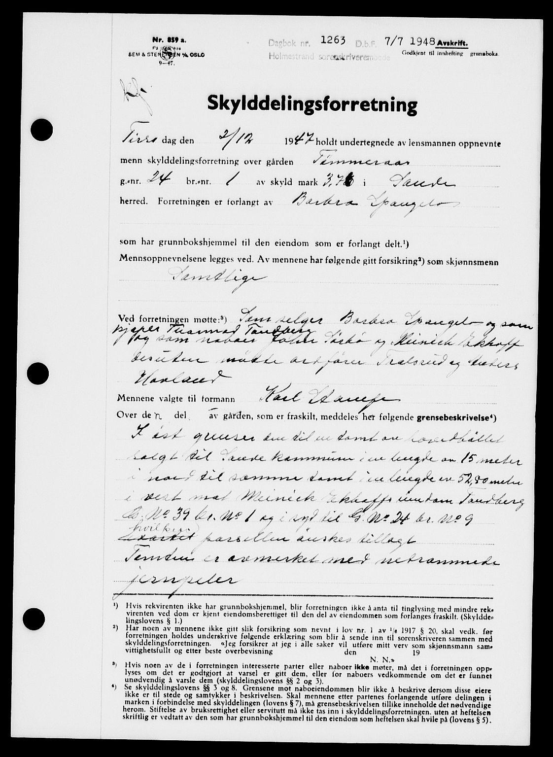 Holmestrand sorenskriveri, SAKO/A-67/G/Ga/Gaa/L0064: Pantebok nr. A-64, 1948-1948, Dagboknr: 1263/1948