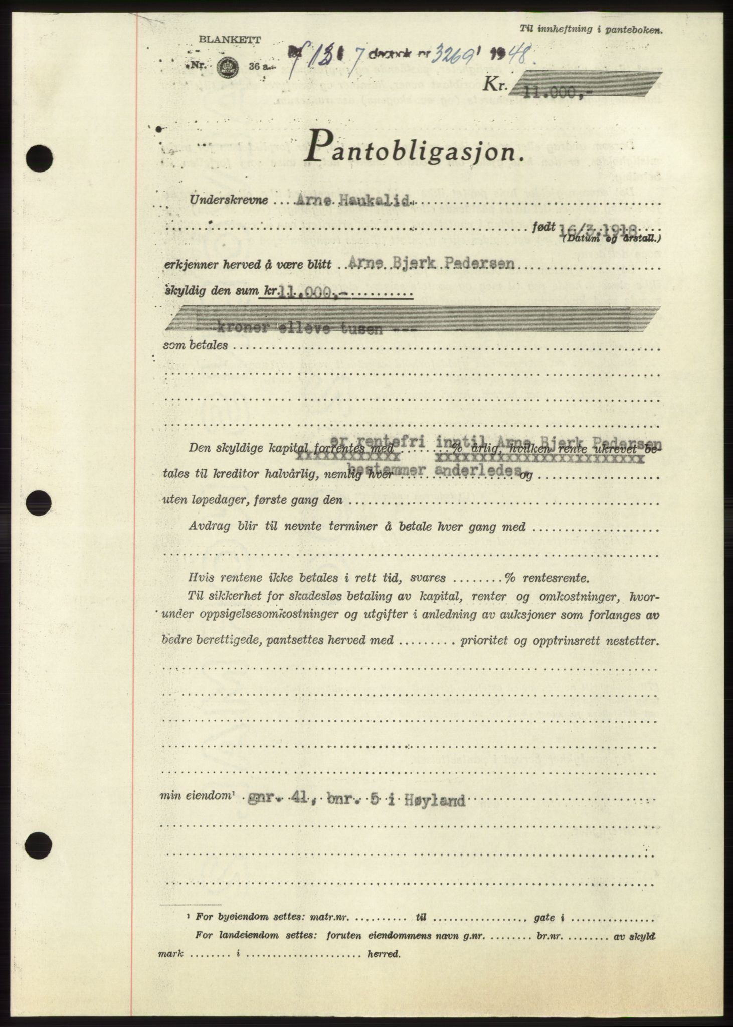 Jæren sorenskriveri, SAST/A-100310/03/G/Gba/L0099: Pantebok, 1948-1948, Dagboknr: 3269/1948