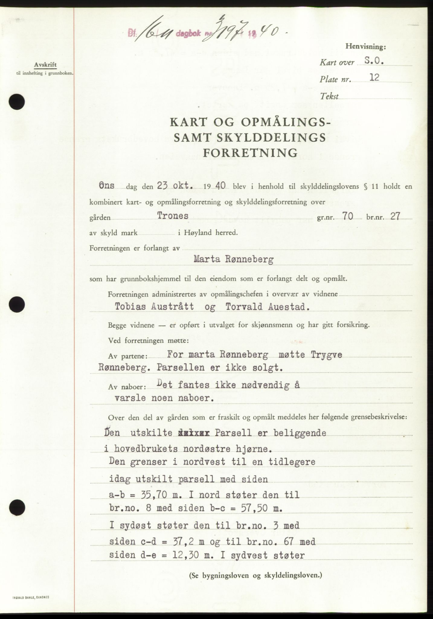 Jæren sorenskriveri, SAST/A-100310/03/G/Gba/L0078: Pantebok, 1940-1940, Dagboknr: 3197/1940