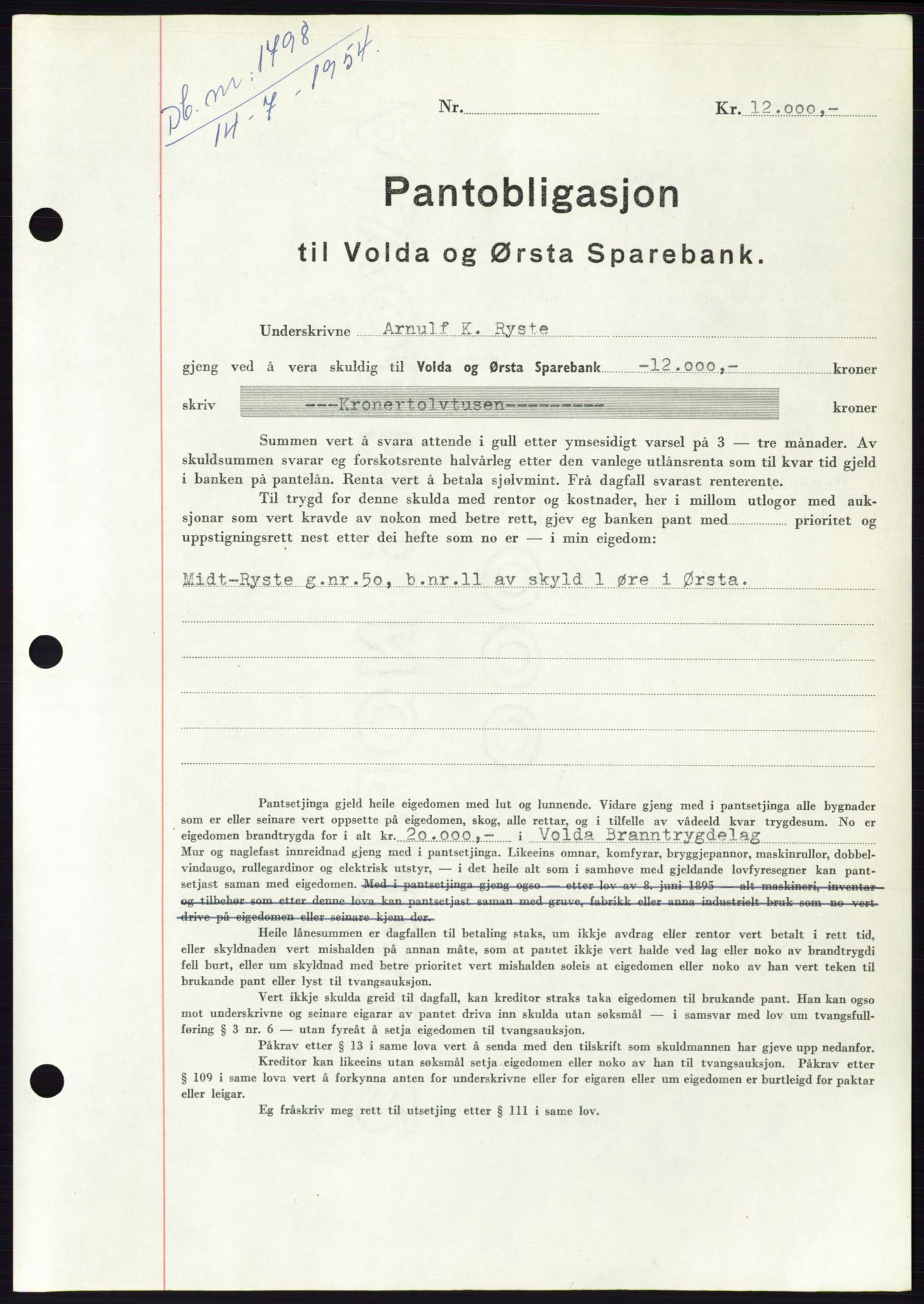 Søre Sunnmøre sorenskriveri, SAT/A-4122/1/2/2C/L0125: Pantebok nr. 13B, 1954-1954, Dagboknr: 1798/1954