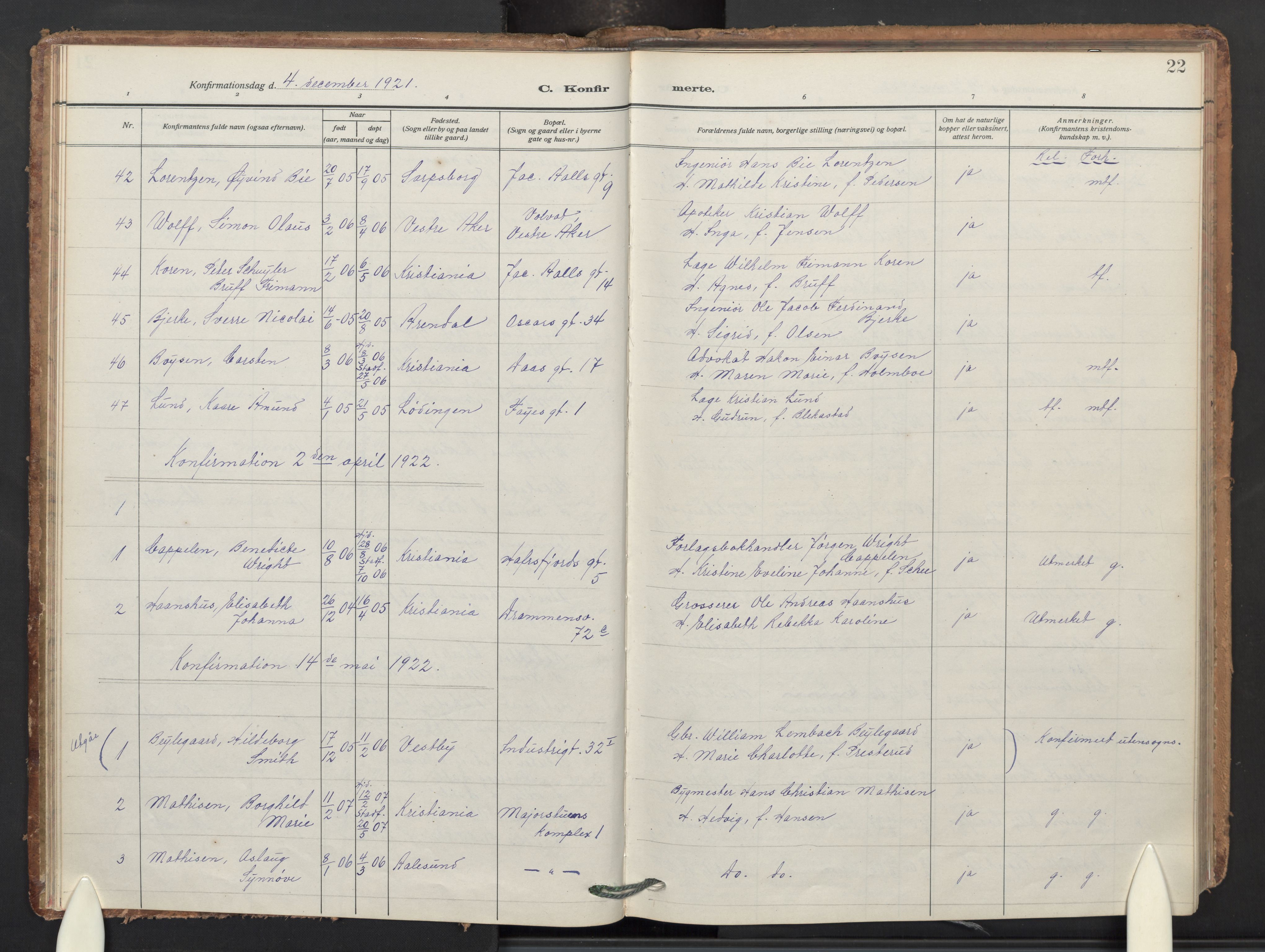 Uranienborg prestekontor Kirkebøker, AV/SAO-A-10877/F/Fa/L0014: Ministerialbok nr. I 14, 1920-1948, s. 22