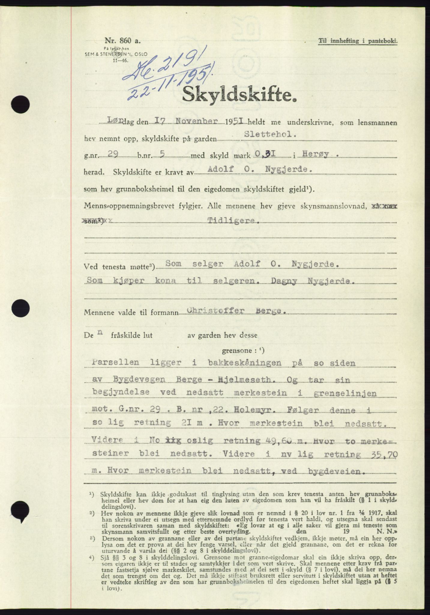 Søre Sunnmøre sorenskriveri, AV/SAT-A-4122/1/2/2C/L0090: Pantebok nr. 16A, 1951-1951, Dagboknr: 2191/1951