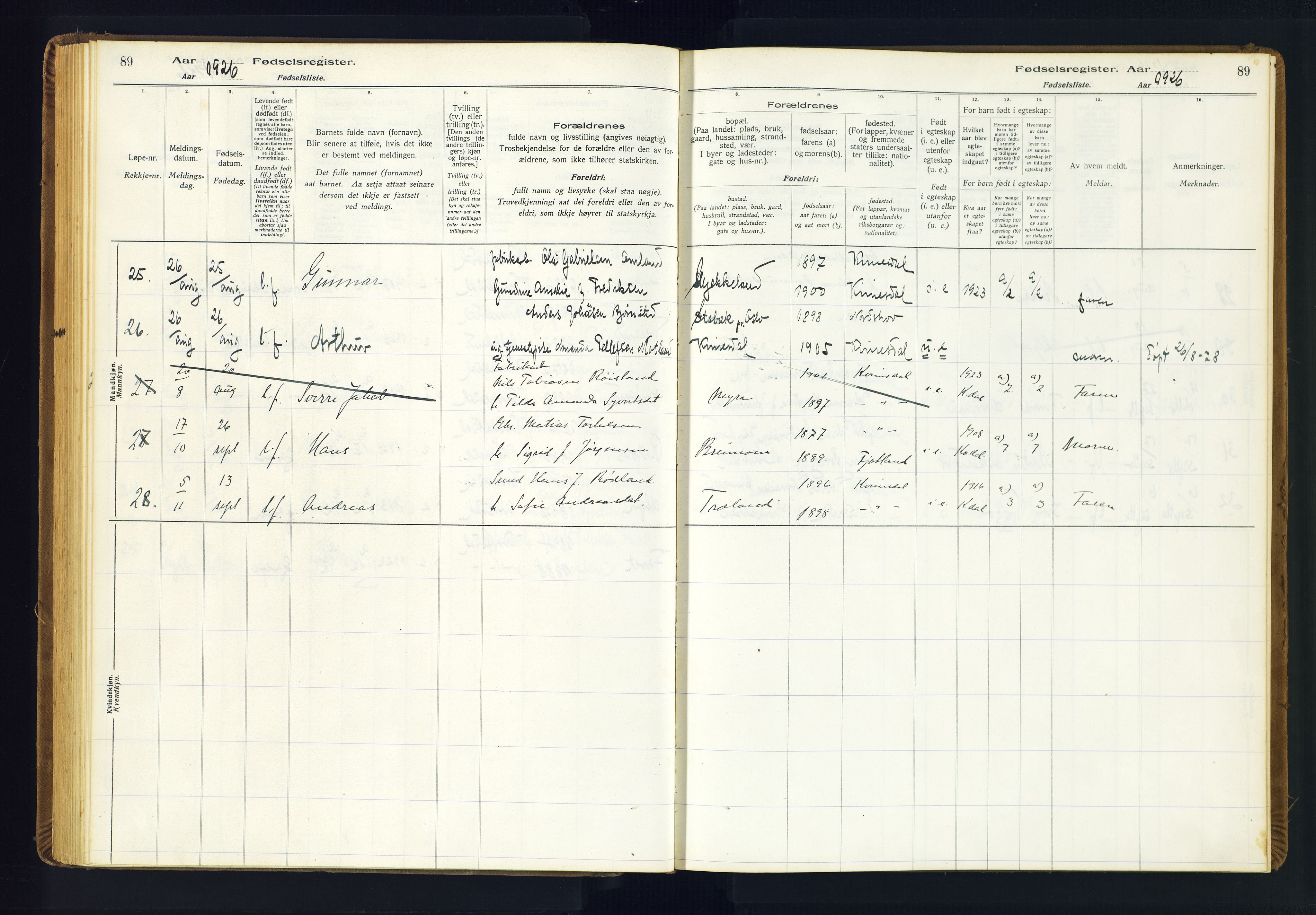 Kvinesdal sokneprestkontor, AV/SAK-1111-0026/J/Ja/L0001: Fødselsregister nr. 1, 1916-1941, s. 89