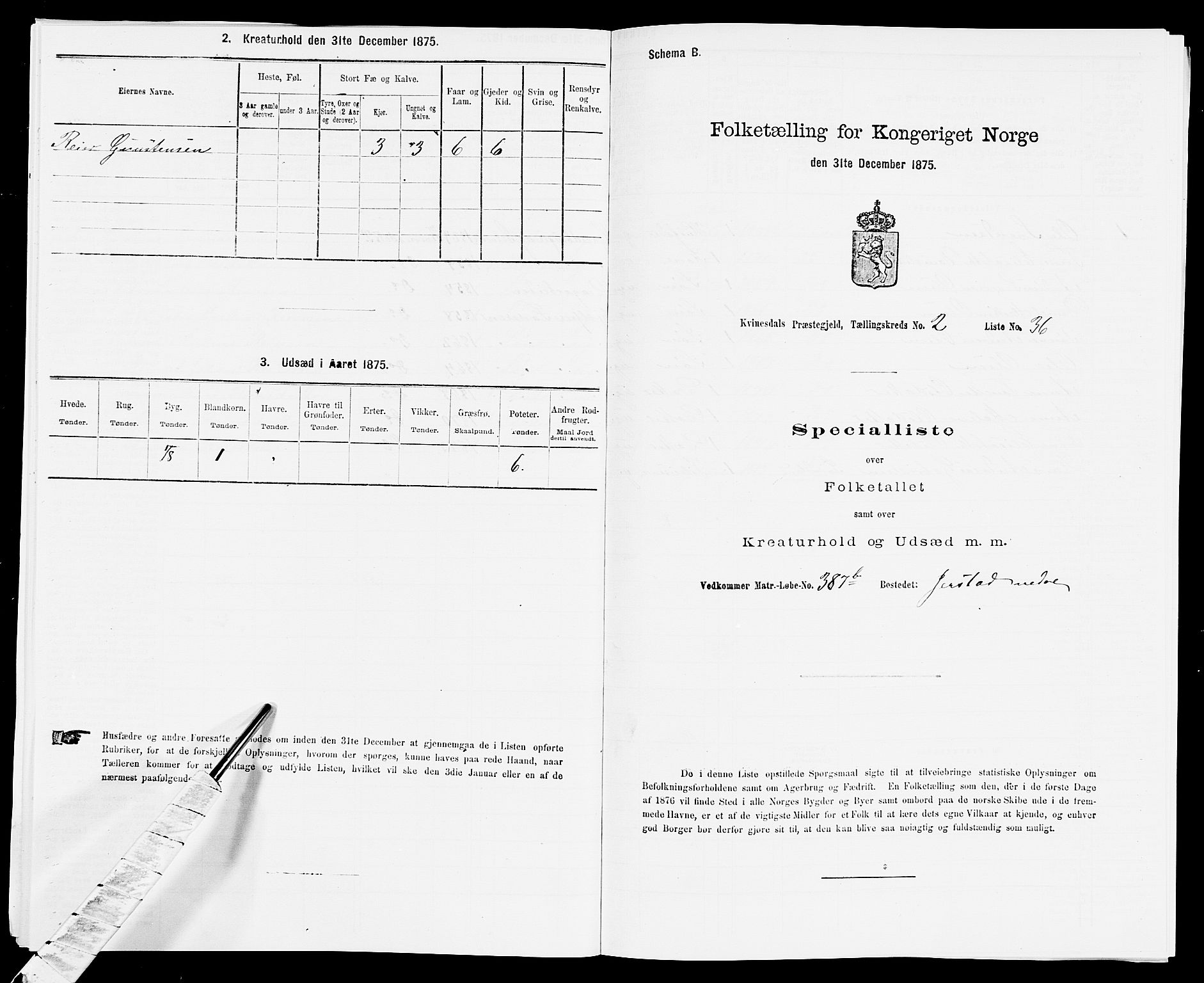 SAK, Folketelling 1875 for 1037P Kvinesdal prestegjeld, 1875, s. 343