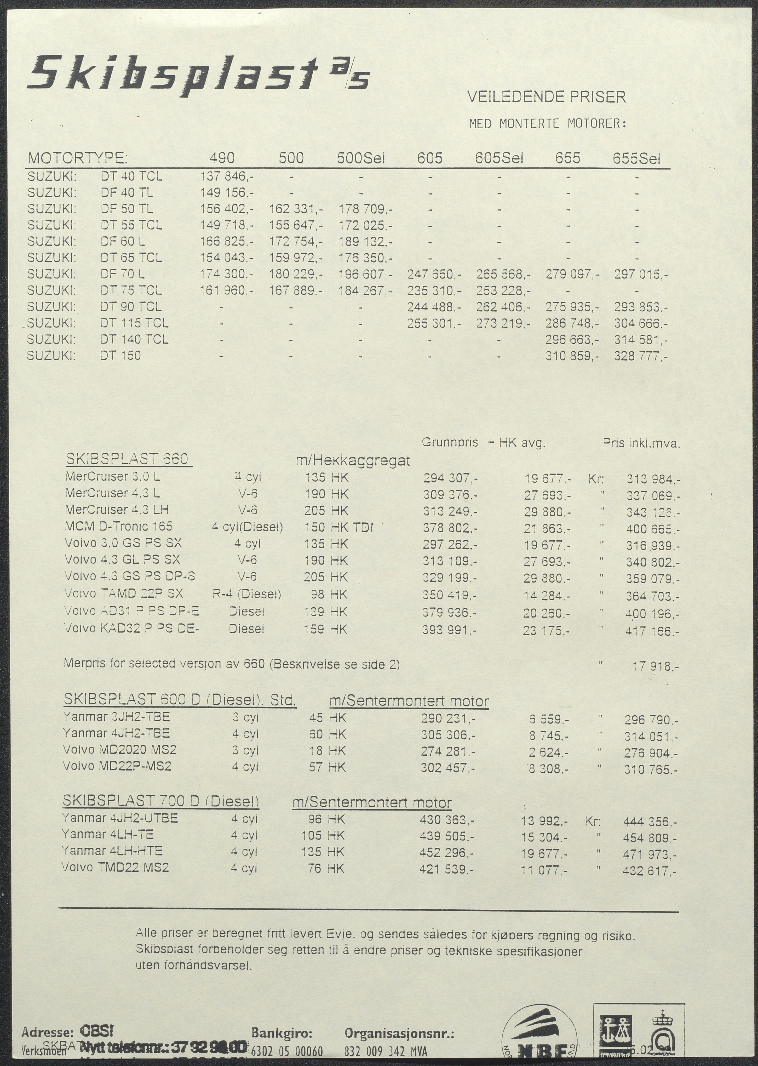 Skibsplast, AAKS/PA-2968/01/X/X01/L0001/0001: Brosjyrer / Lister over båtmodeller, veiledende priser, nettopriser til forhandlere og diverse, 1998-2014