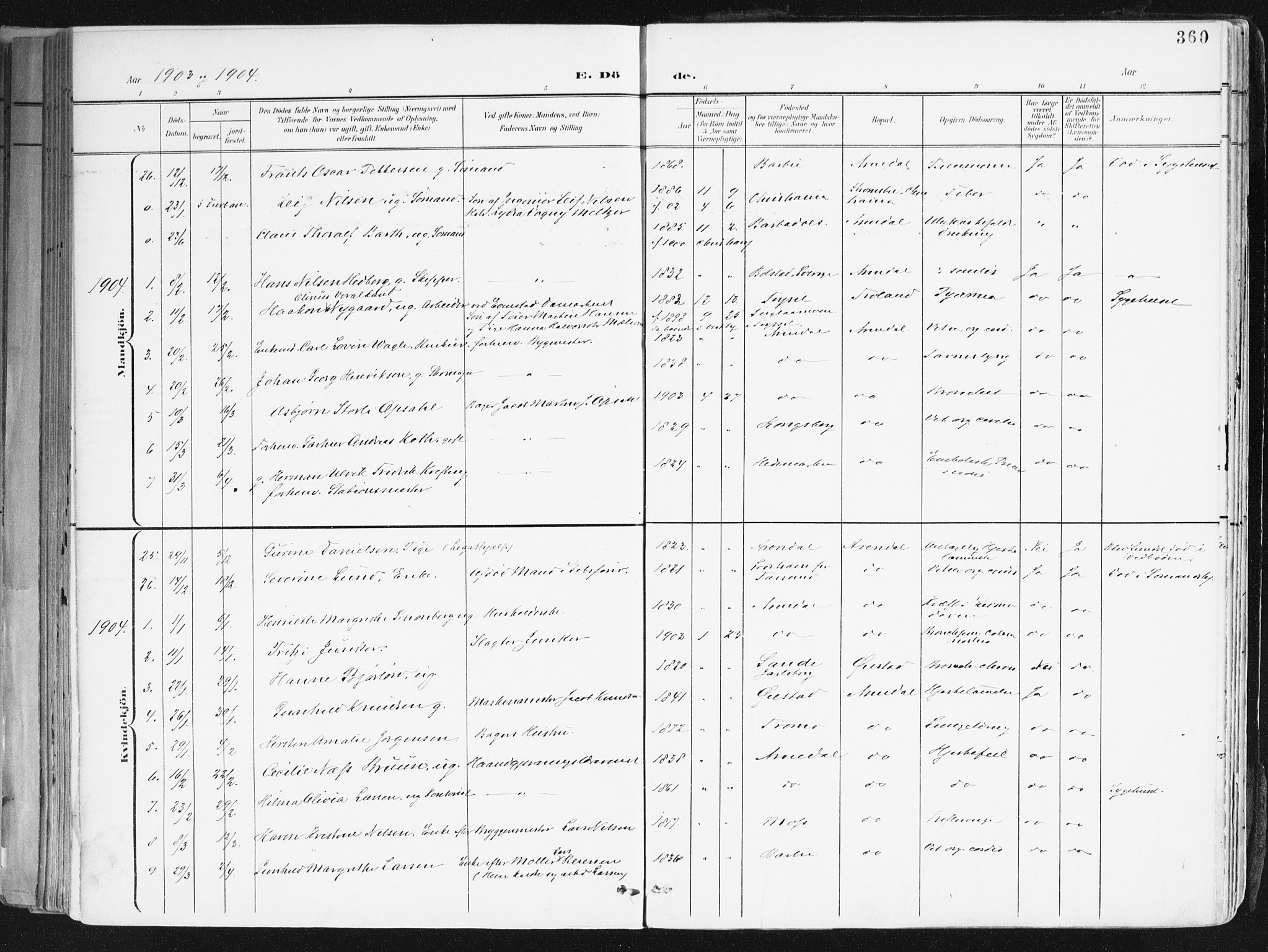 Arendal sokneprestkontor, Trefoldighet, SAK/1111-0040/F/Fa/L0010: Ministerialbok nr. A 10, 1900-1919, s. 360