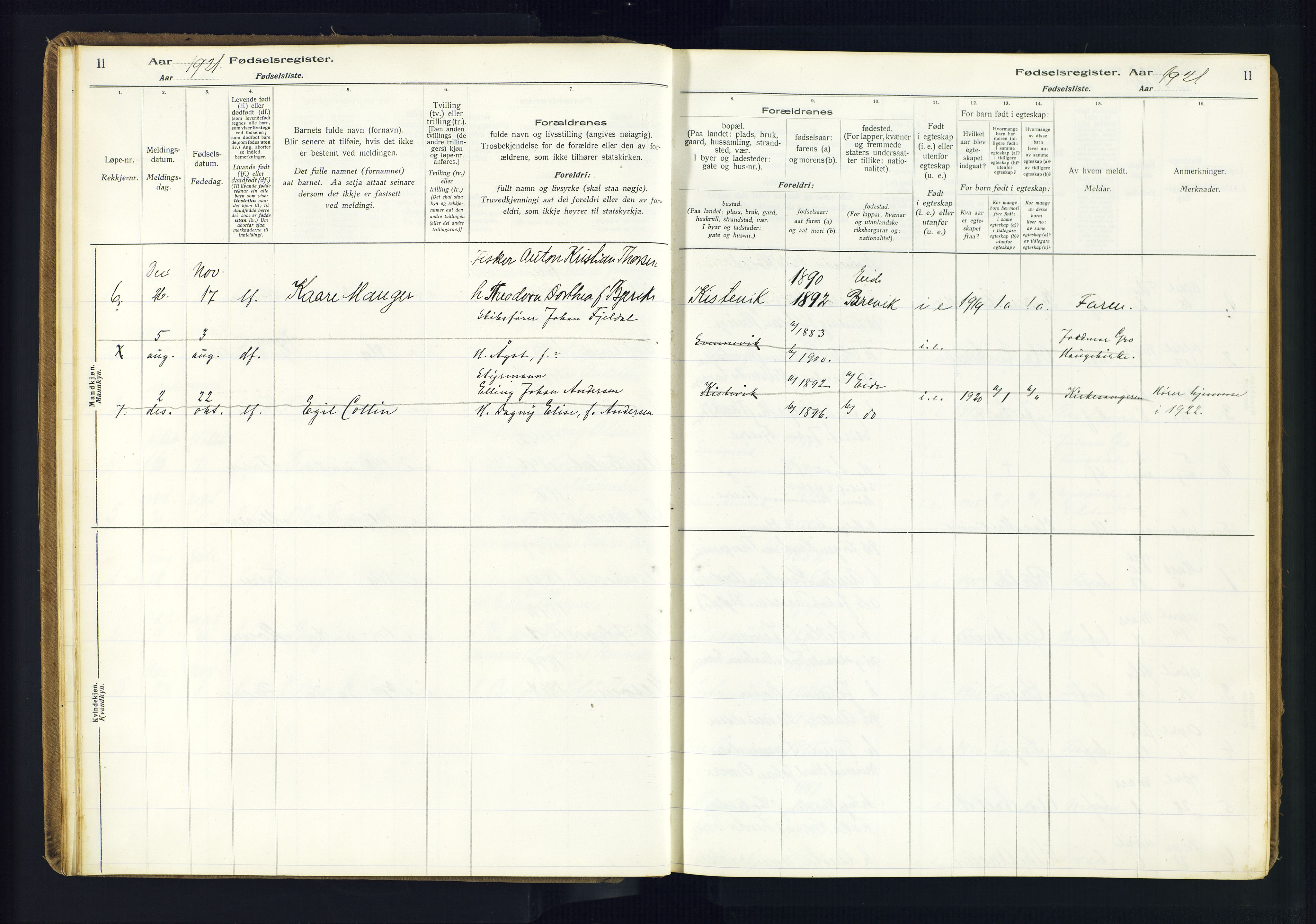 Hommedal sokneprestkontor, SAK/1111-0023/J/Jd/L0003: Fødselsregister nr. 3, 1916-1982, s. 11