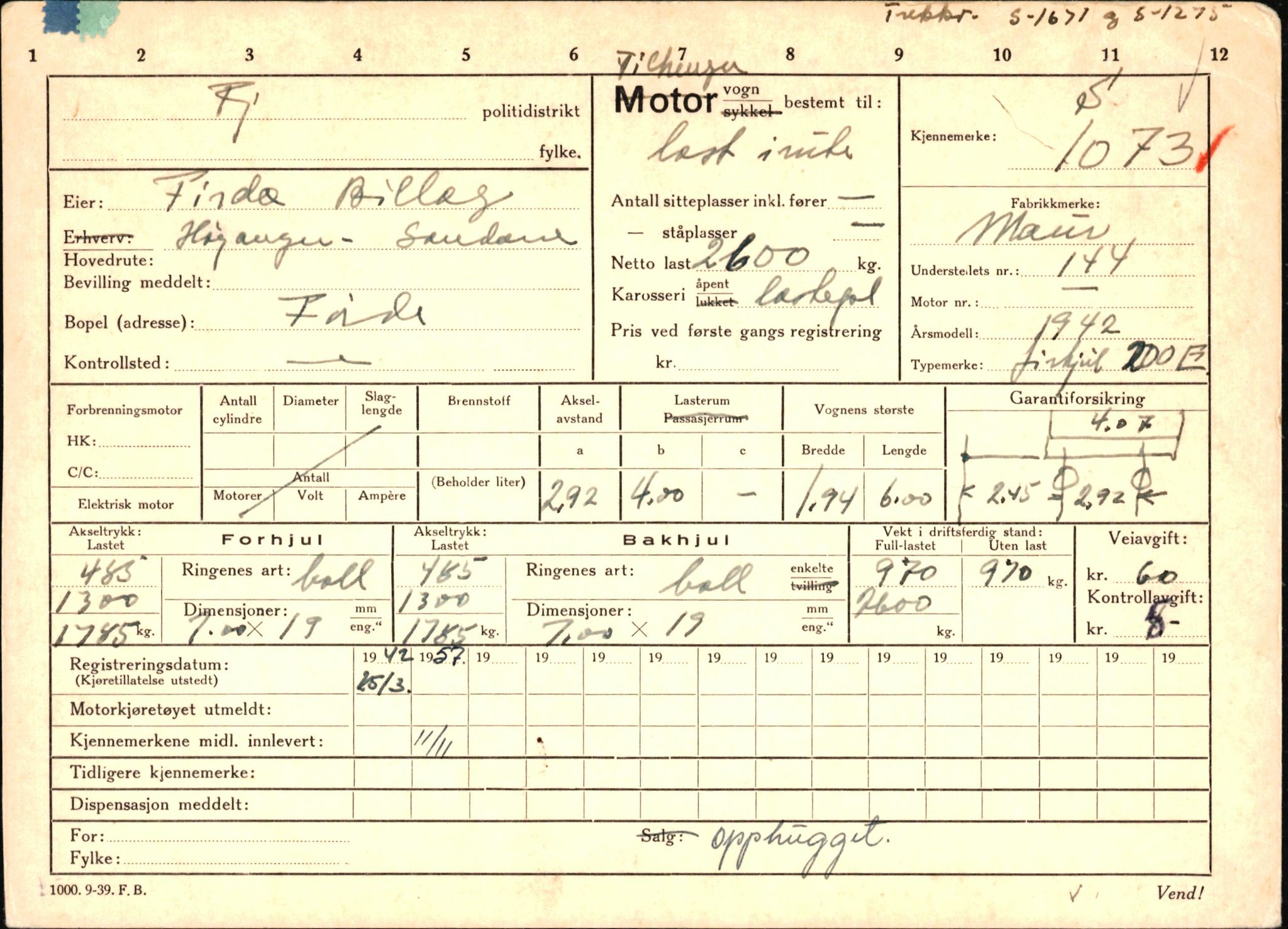 Statens vegvesen, Sogn og Fjordane vegkontor, AV/SAB-A-5301/4/F/L0010: Registerkort utmeldte Sogn, 1957-1960, s. 5