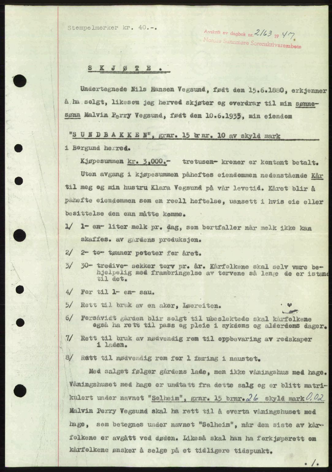 Nordre Sunnmøre sorenskriveri, AV/SAT-A-0006/1/2/2C/2Ca: Pantebok nr. A26, 1947-1948, Dagboknr: 2163/1947