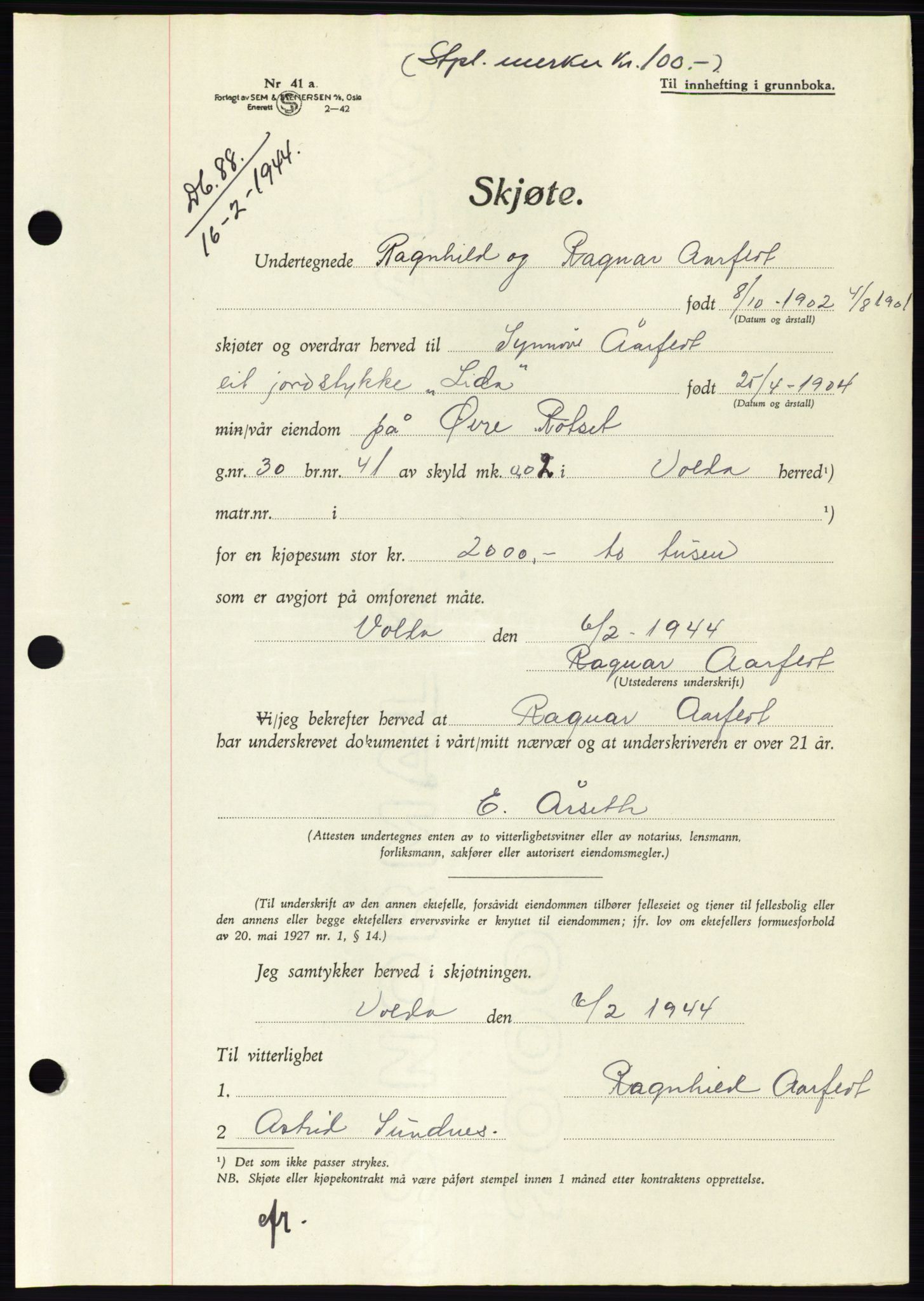 Søre Sunnmøre sorenskriveri, AV/SAT-A-4122/1/2/2C/L0076: Pantebok nr. 2A, 1943-1944, Dagboknr: 88/1944