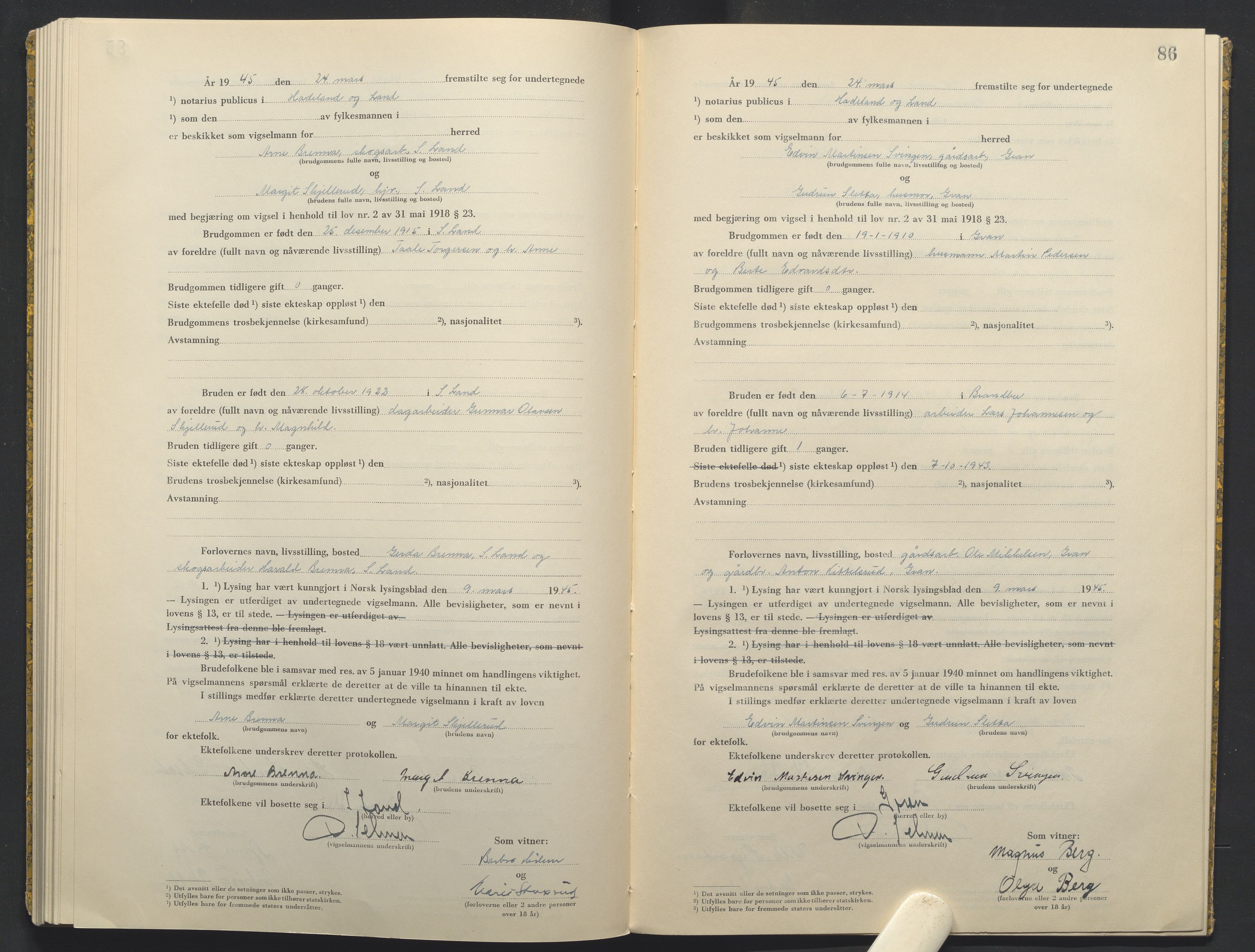 Hadeland og Land tingrett, AV/SAH-TING-010/L/Lb/L0003: Vigselbok, 1944-1946, s. 86