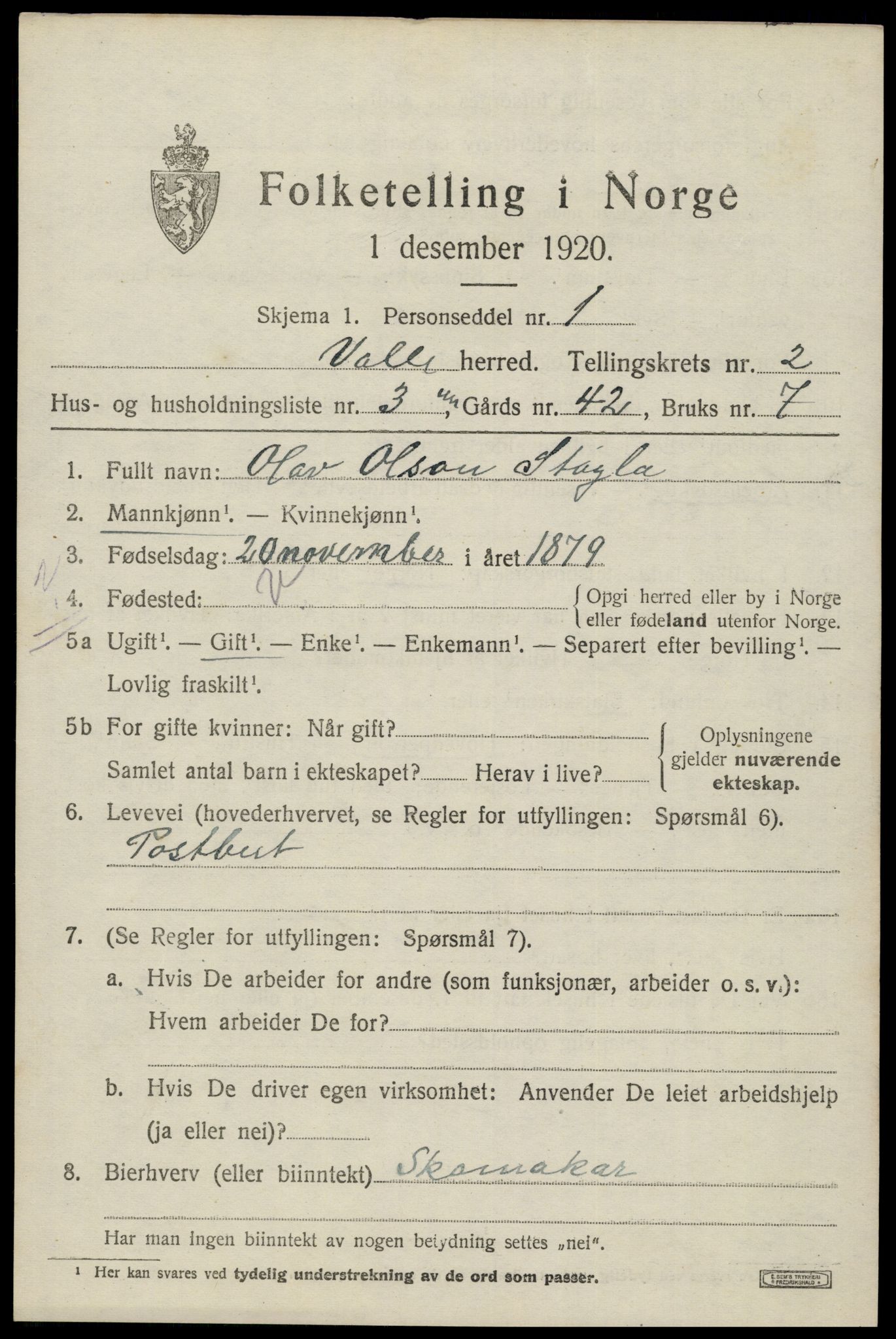 SAK, Folketelling 1920 for 0940 Valle herred, 1920, s. 975