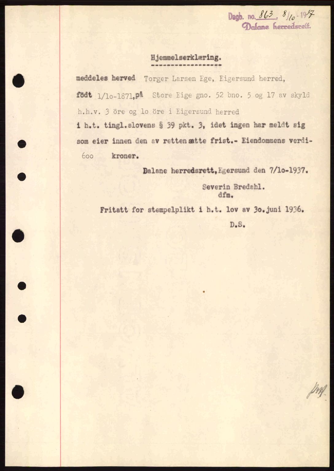 Dalane sorenskriveri, SAST/A-100309/02/G/Gb/L0041: Pantebok nr. A2, 1936-1937, Dagboknr: 863/1937
