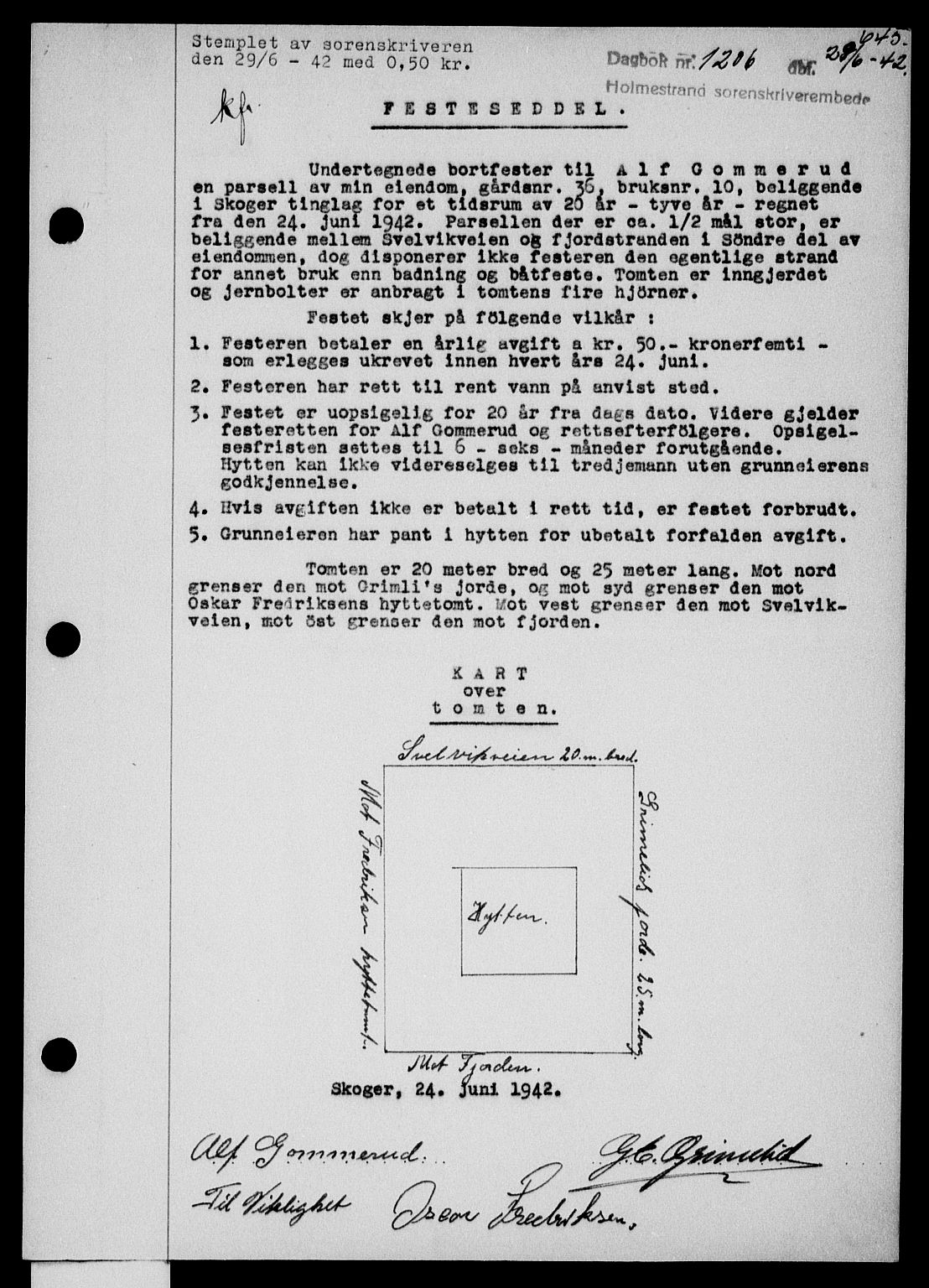 Holmestrand sorenskriveri, SAKO/A-67/G/Ga/Gaa/L0055: Pantebok nr. A-55, 1942-1942, Dagboknr: 1206/1942