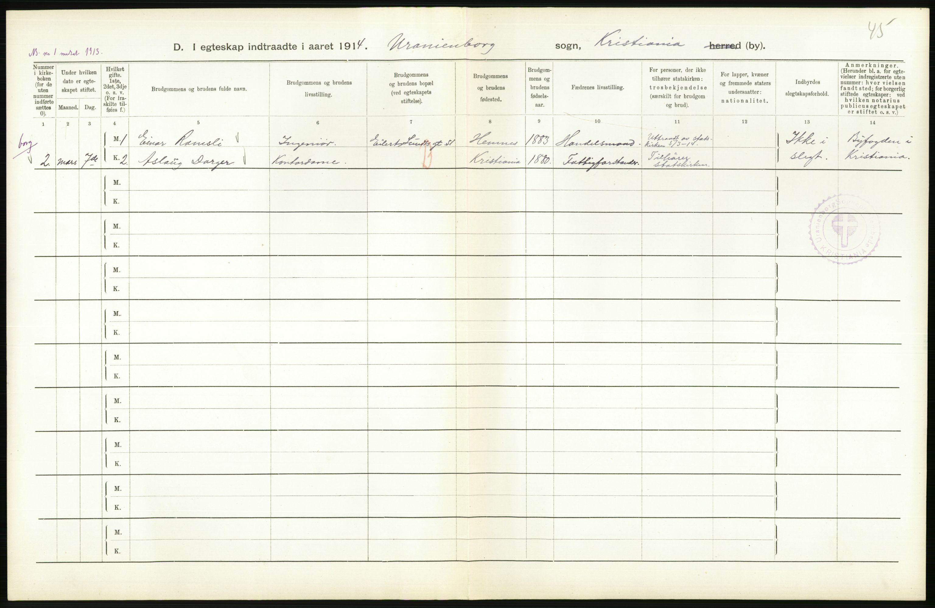 Statistisk sentralbyrå, Sosiodemografiske emner, Befolkning, AV/RA-S-2228/D/Df/Dfb/Dfbd/L0007: Kristiania: Gifte, 1914, s. 768