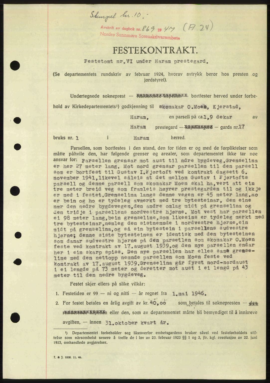 Nordre Sunnmøre sorenskriveri, SAT/A-0006/1/2/2C/2Ca: Pantebok nr. A24, 1947-1947, Dagboknr: 869/1947