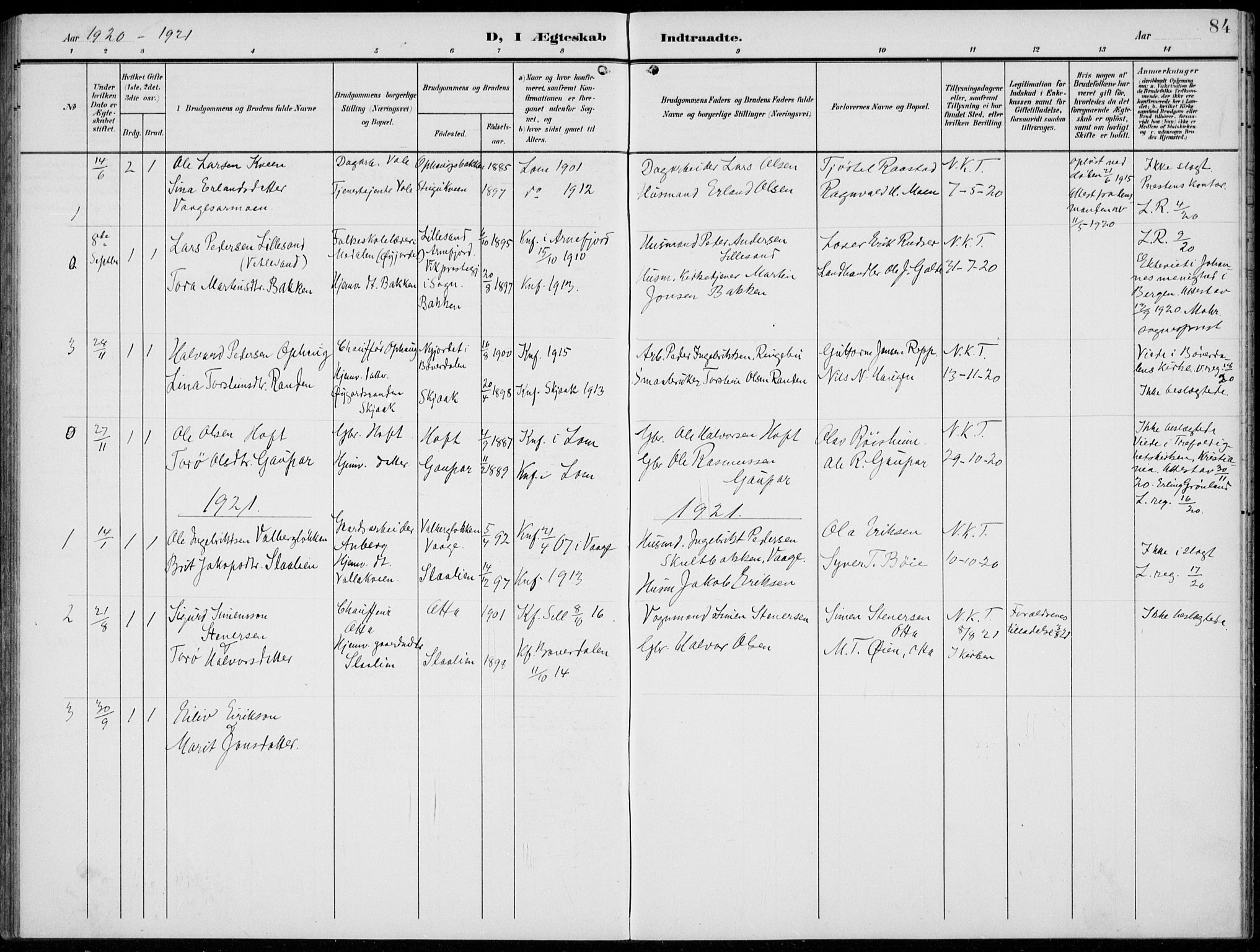 Lom prestekontor, AV/SAH-PREST-070/L/L0007: Klokkerbok nr. 7, 1904-1938, s. 84