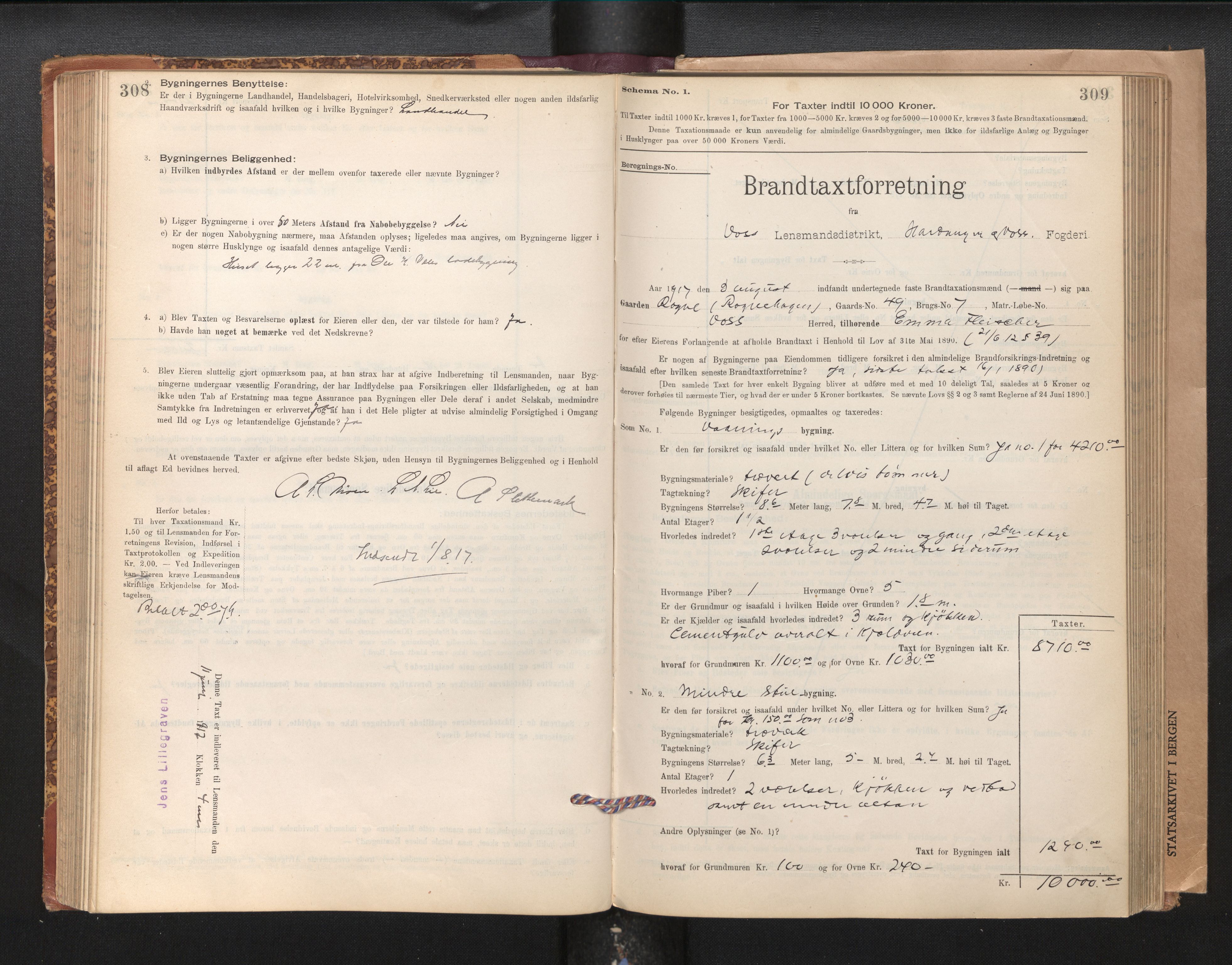 Lensmannen i Voss, SAB/A-35801/0012/L0008: Branntakstprotokoll, skjematakst, 1895-1945, s. 308-309