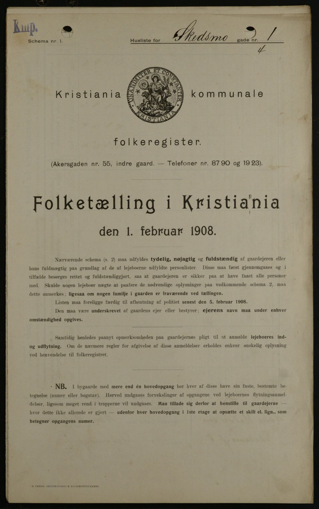 OBA, Kommunal folketelling 1.2.1908 for Kristiania kjøpstad, 1908, s. 85748