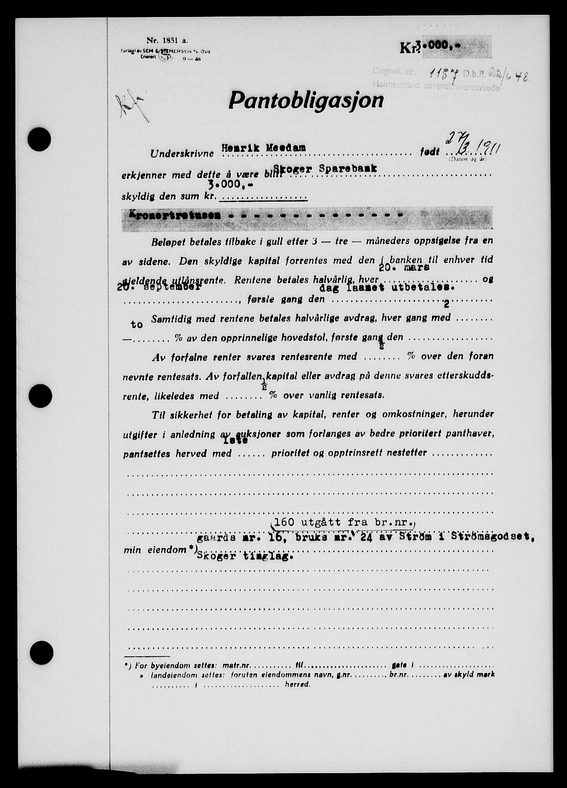 Holmestrand sorenskriveri, SAKO/A-67/G/Ga/Gab/L0058: Pantebok nr. B-58, 1947-1948, Dagboknr: 1157/1948