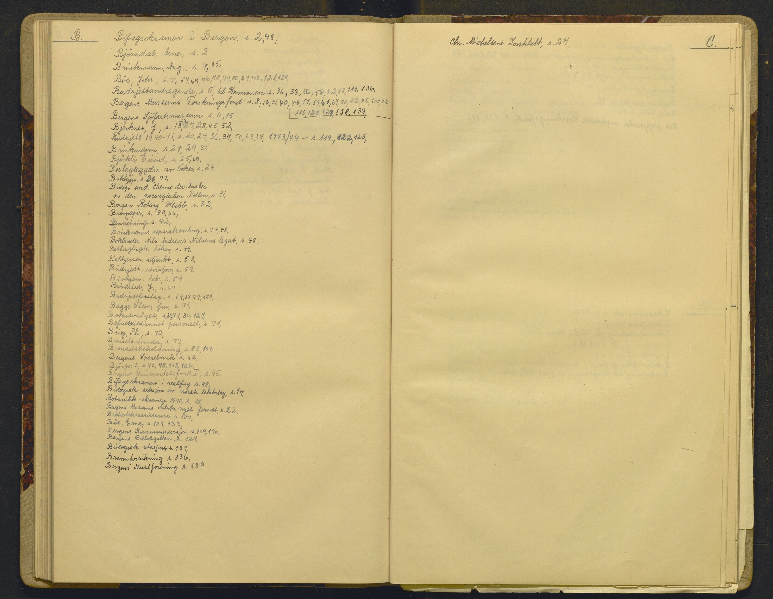 Bergens Museum, AV/SAB-A-17301/18/A/L0003: Professorkollegiets forhandlingsprotokoll med register , 1939-1944