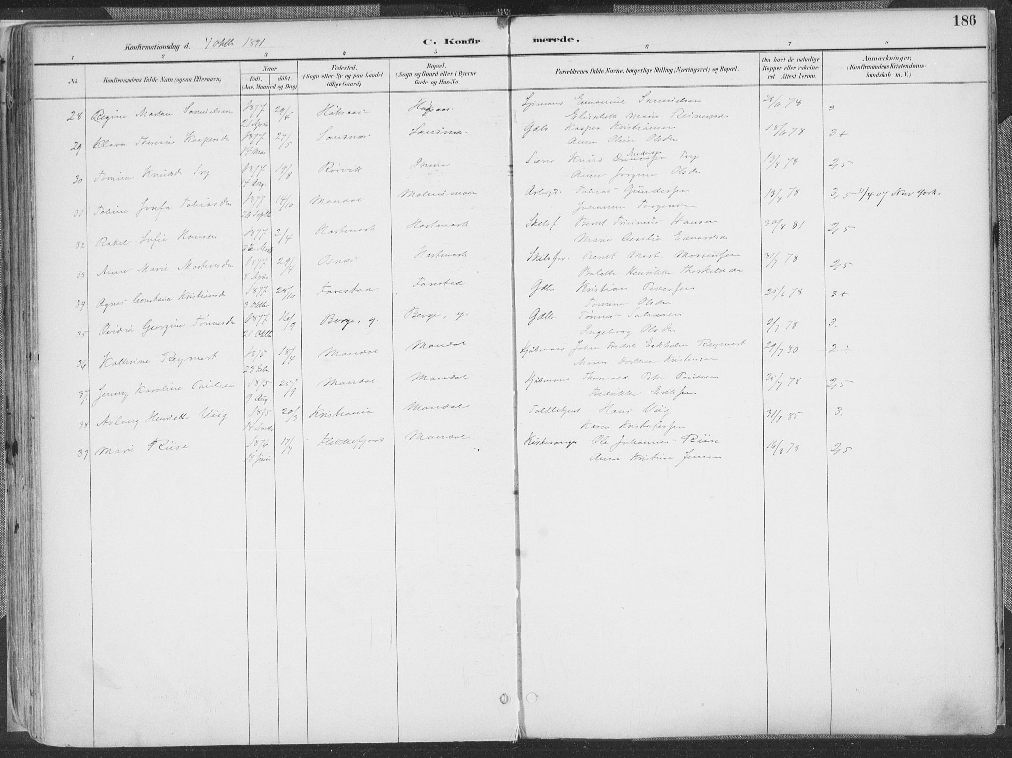 Mandal sokneprestkontor, SAK/1111-0030/F/Fa/Faa/L0018: Ministerialbok nr. A 18, 1890-1905, s. 186