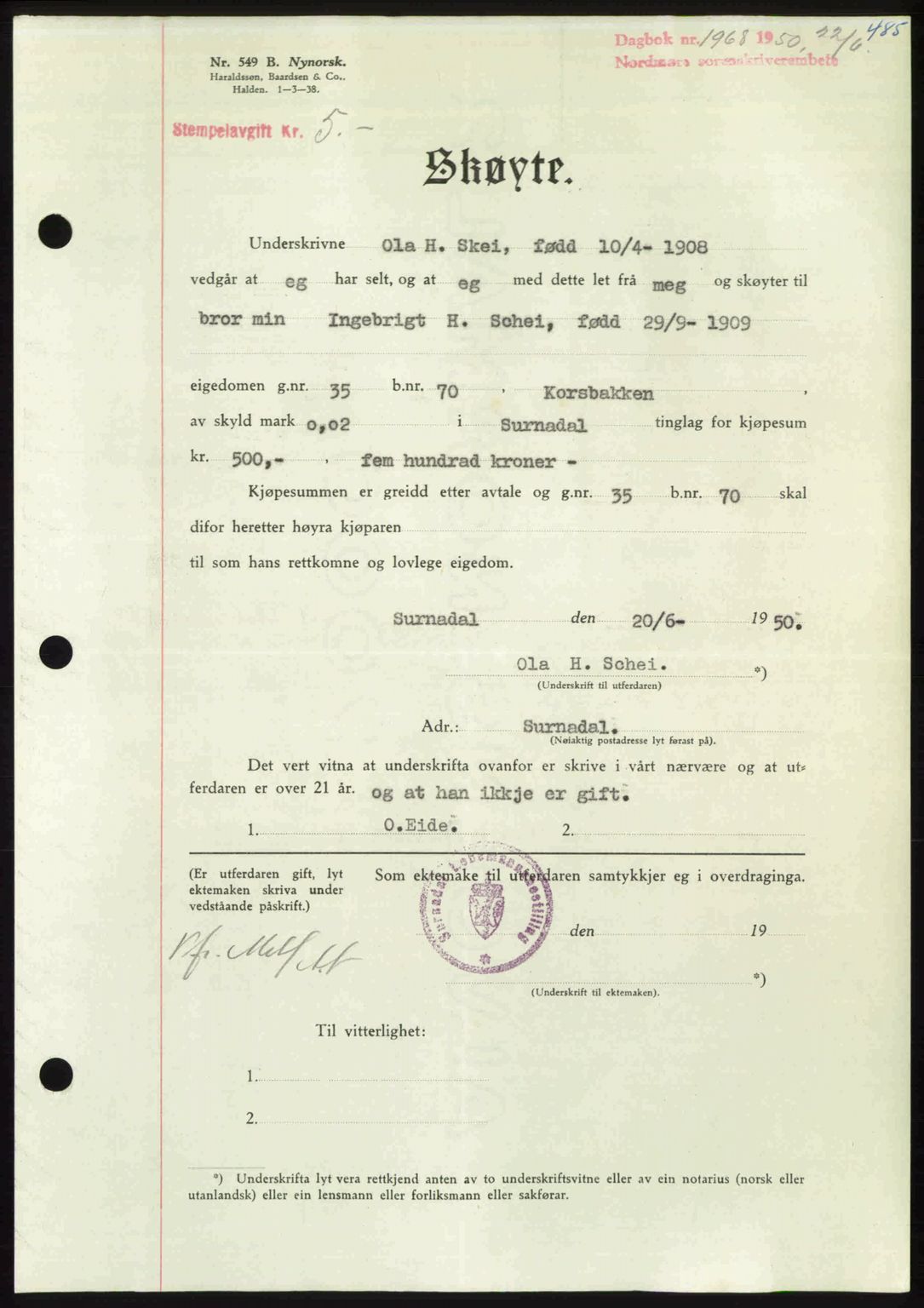 Nordmøre sorenskriveri, SAT/A-4132/1/2/2Ca: Pantebok nr. A115, 1950-1950, Dagboknr: 1968/1950