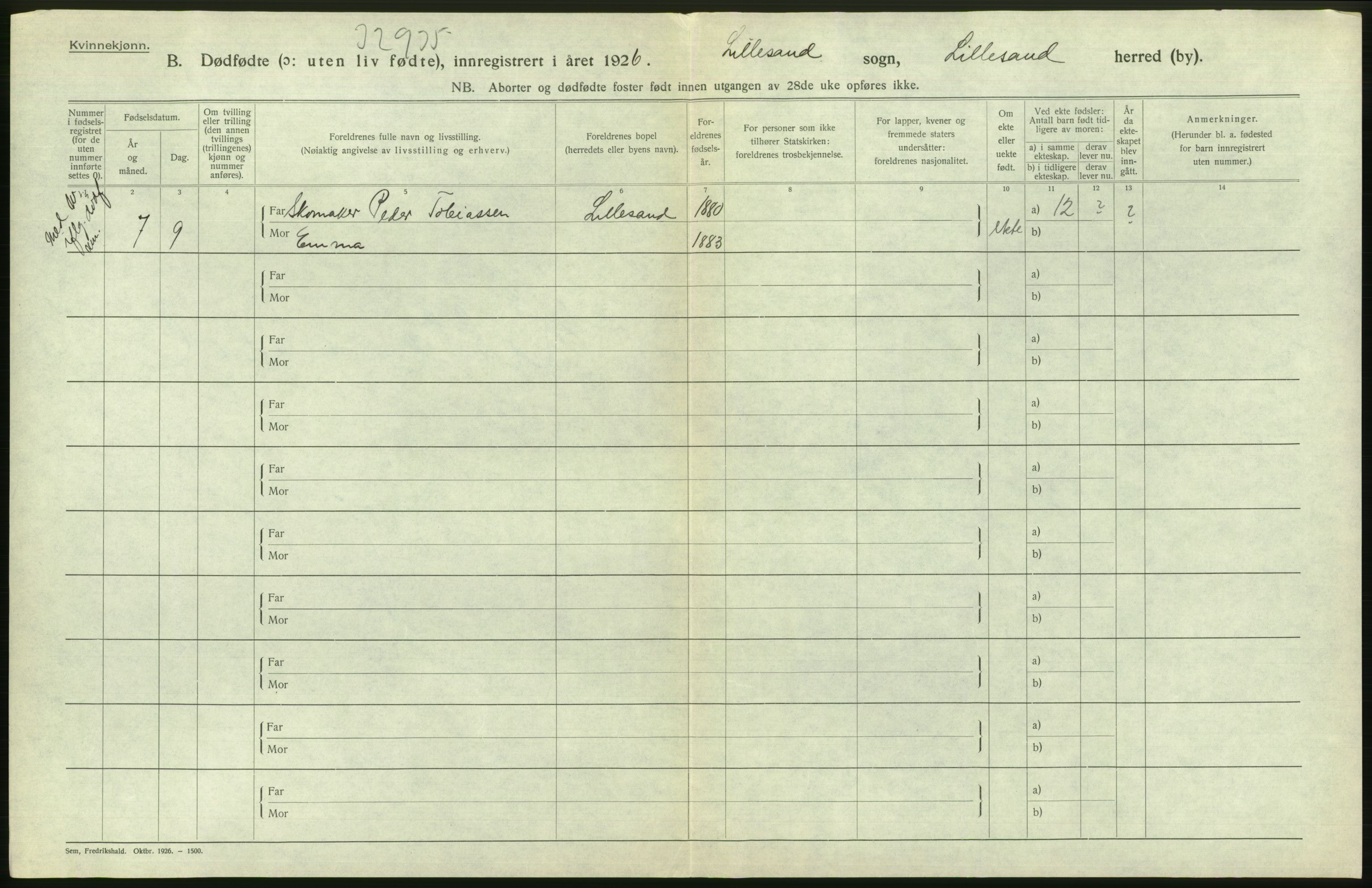 Statistisk sentralbyrå, Sosiodemografiske emner, Befolkning, RA/S-2228/D/Df/Dfc/Dfcf/L0021: Aust-Agder fylke: Levendefødte menn og kvinner, gifte, døde, dødfødte. Bygder og byer., 1926, s. 354