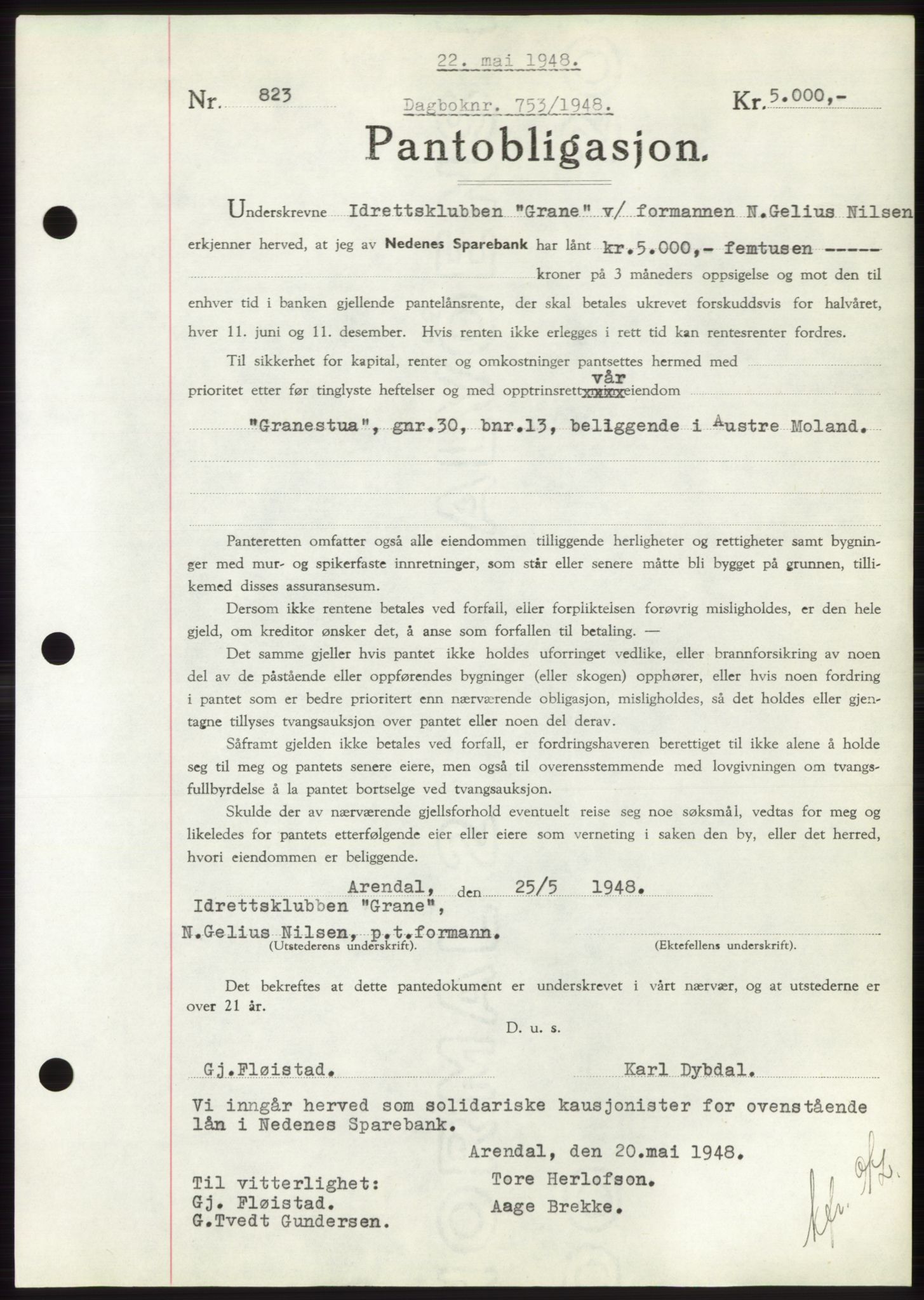 Nedenes sorenskriveri, AV/SAK-1221-0006/G/Gb/Gbb/L0005: Pantebok nr. B5, 1948-1948, Dagboknr: 753/1948