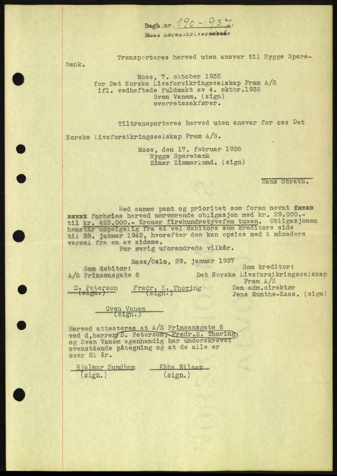 Moss sorenskriveri, SAO/A-10168: Pantebok nr. B3, 1937-1937, Dagboknr: 190/1937