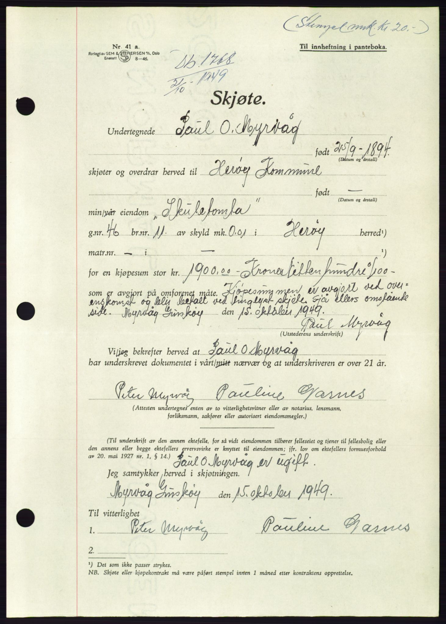 Søre Sunnmøre sorenskriveri, AV/SAT-A-4122/1/2/2C/L0085: Pantebok nr. 11A, 1949-1949, Dagboknr: 1768/1949