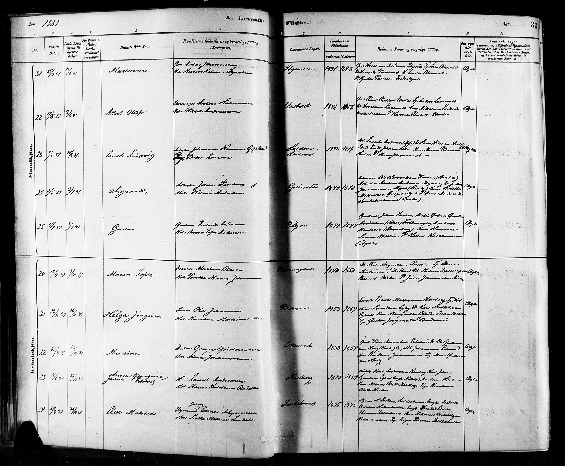 Rygge prestekontor Kirkebøker, AV/SAO-A-10084b/F/Fa/L0007: Ministerialbok nr. 7, 1878-1904, s. 33