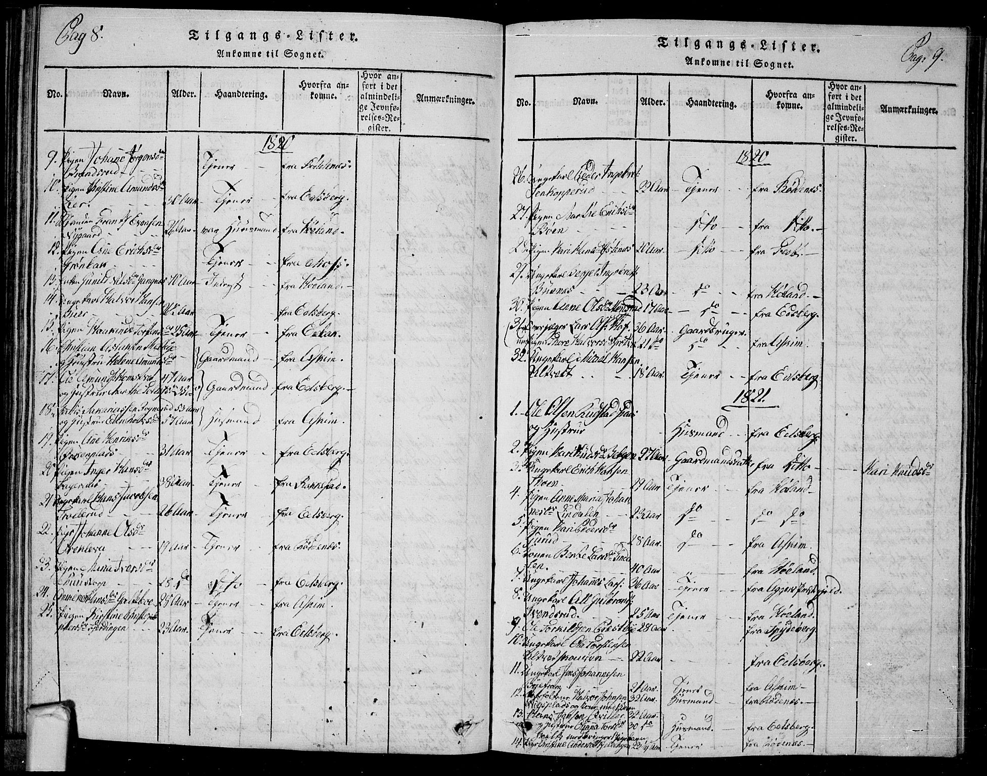 Trøgstad prestekontor Kirkebøker, SAO/A-10925/G/Ga/L0001: Klokkerbok nr. I 1, 1815-1831, s. 8-9